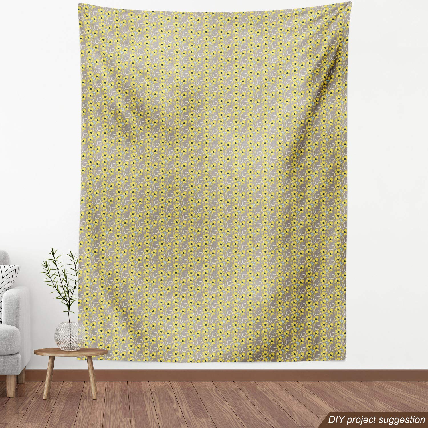 Ambesonne Taupe Fabric by The Yard - Romantic Meadow Floral Print Upholstery Fabric for Sofa, Curtains & Home Decor - 10 Yards Indigo Yellow Taupe - Perfect for DIY Projects, Crafting & Seasonal Home Accents