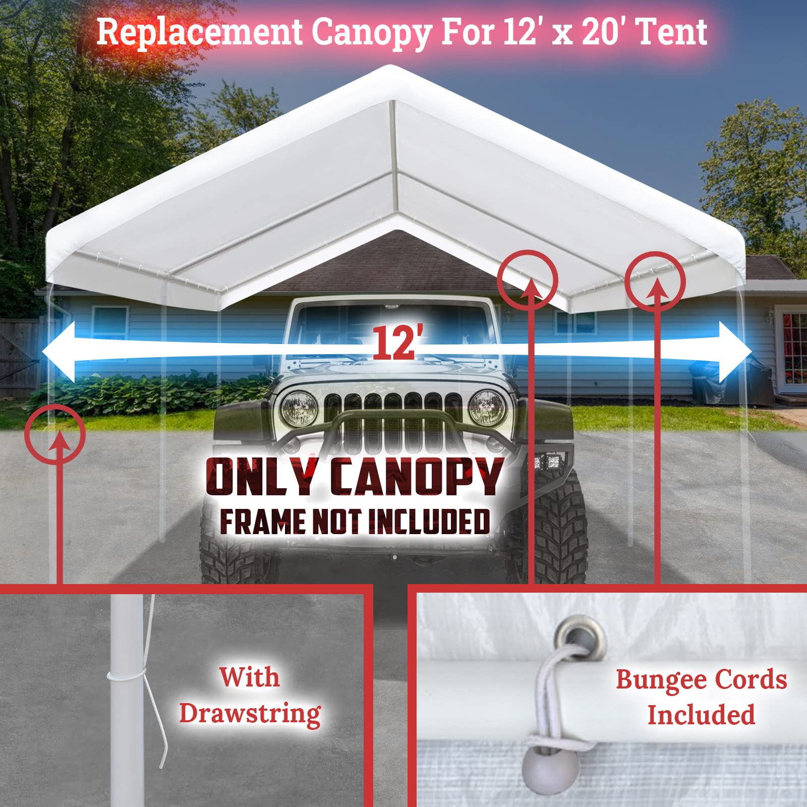 12'x20' Carport Canopy Tent - Heavy Duty White Replacement Shelter Cover with Bungee Cords | Weatherproof Garage & Outdoor Vehicle Protection for Cars, Trucks, RVs & Boats