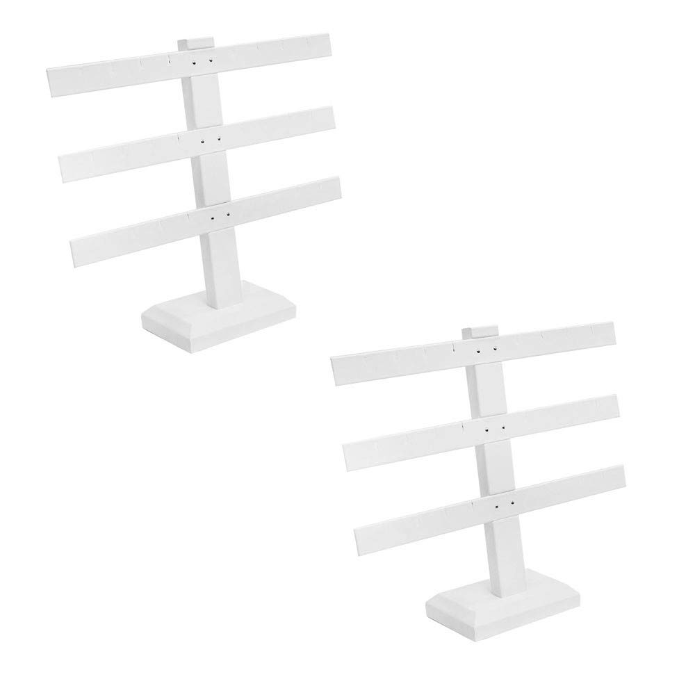 MH GLOBAL 3-Bar Earring Display Stand - Leatherette White Faux Leather Jewelry Showcase (2-Piece Set, 10''x9'') - Perfect for Retail Stores, Boutiques & Jewelry Trade Shows