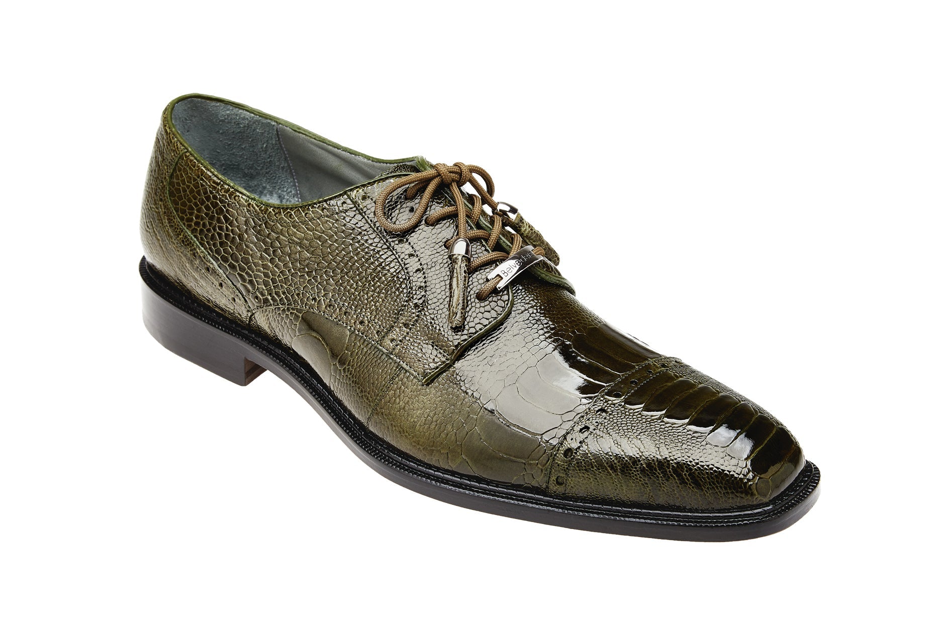 Belvedere Batta Genuine Ostrich Leather Dress Shoes for Men - Olive Brown Business Formal Shoes 14006 | Premium Office & Wedding Dress Shoes for Professional Occasions