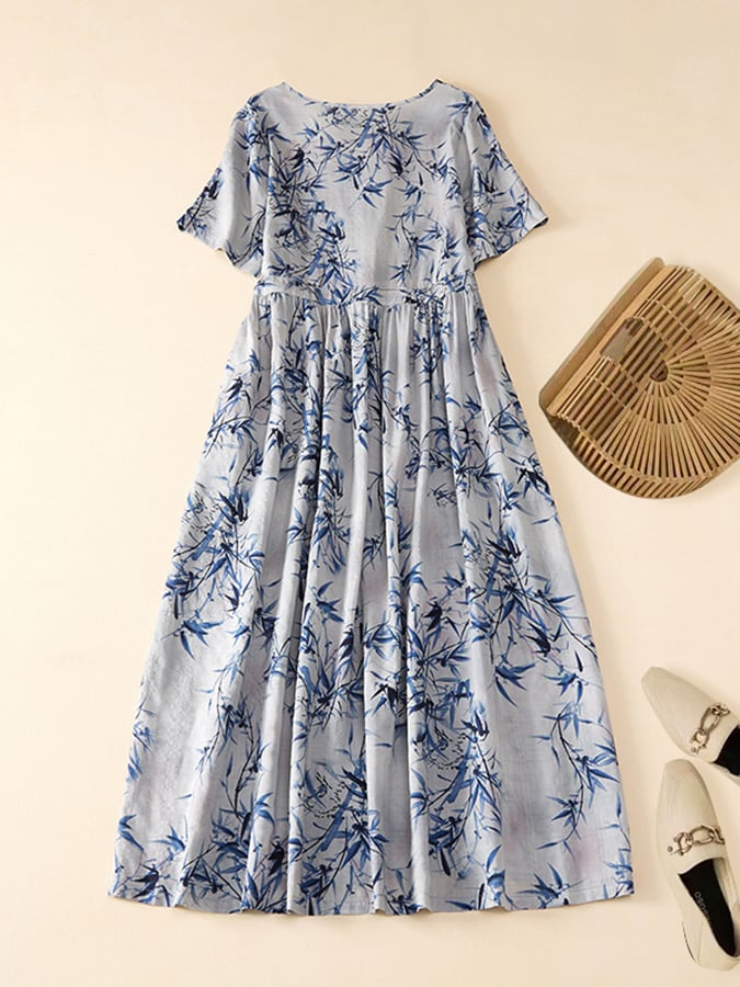 Lovevop Women's Cotton Linen Vintage Print Loose Fit V-Neck Short Sleeve Summer Dress - Perfect for Beach Vacation, Casual Outings & Boho Style Fashion