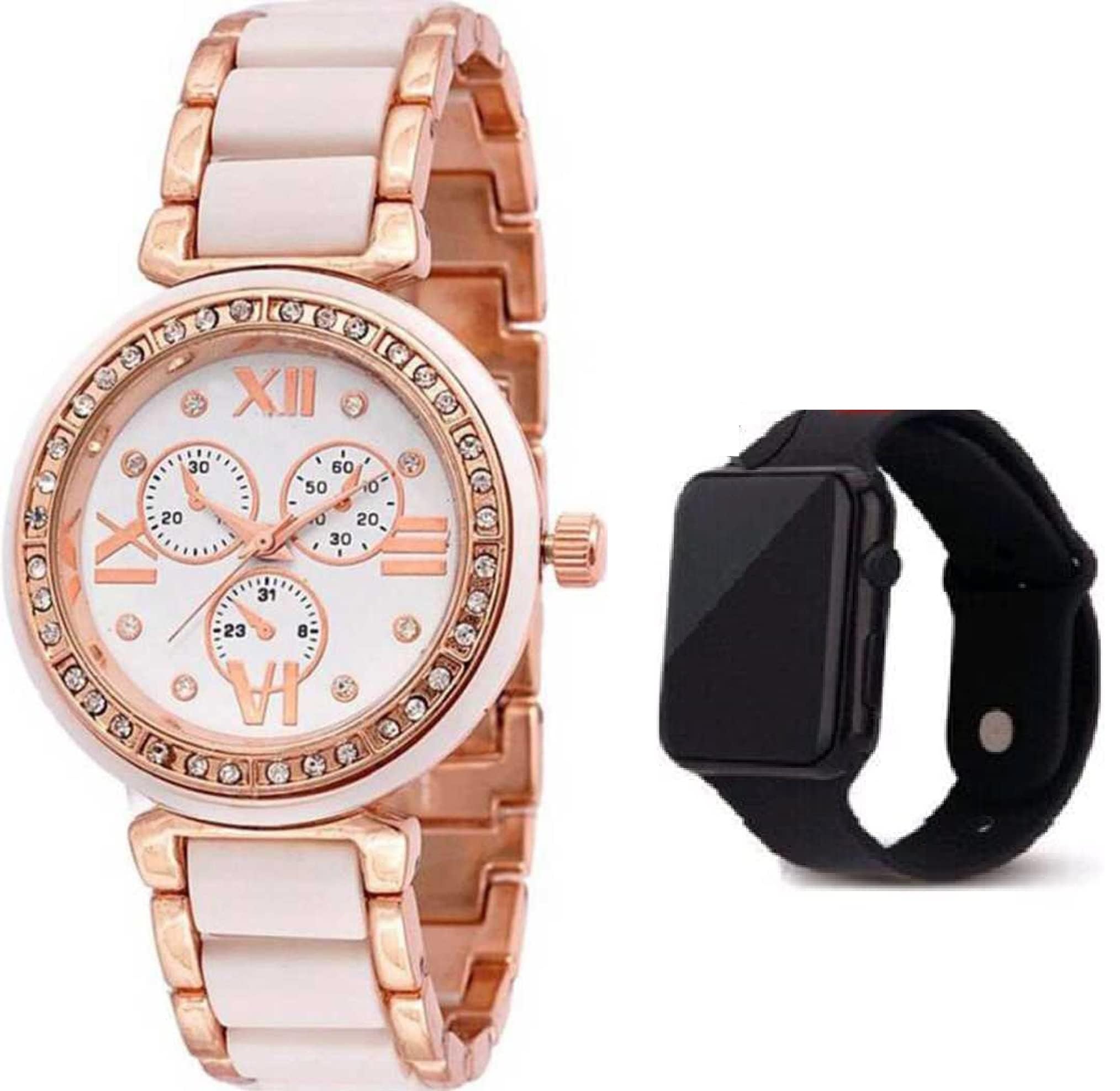LAKSH Magnetic Strap Analog Watch & Digital Watch for Women & Girls - Waterproof, Fashionable Wristwatch with Interchangeable Rubber Bands (Model SR-665/AT-665) - Perfect for Daily Wear, Office, Sports & Casual Outfits