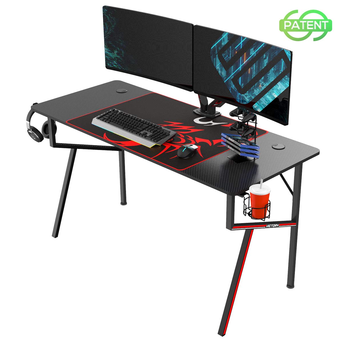 EUREKA ERGONOMIC 55 Inch Gaming Desk - Professional Gamer Workstation with Cable Management Tray, Controller Stand, Cup Holder & Headphone Hook - Black | Perfect for PC Gaming Setup, Streaming & Home Office Workstation