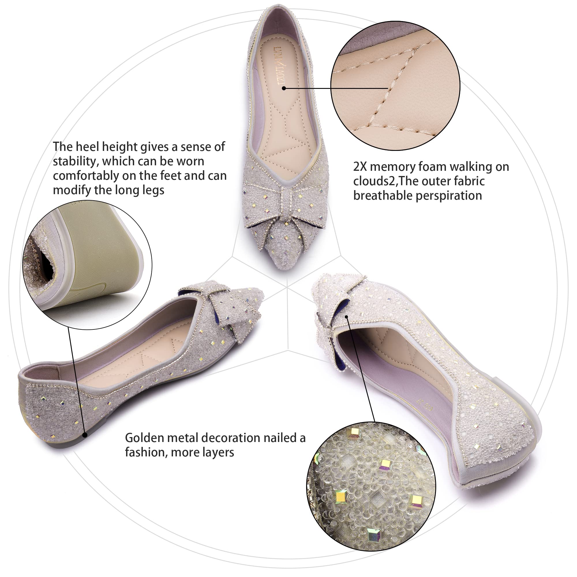 Sparkly Rhinestone Pointed-Toe Flats for Women - Elegant Glitter Flower Wedding Shoes - Comfortable Dress Flats for Bridesmaids, Prom & Evening Events