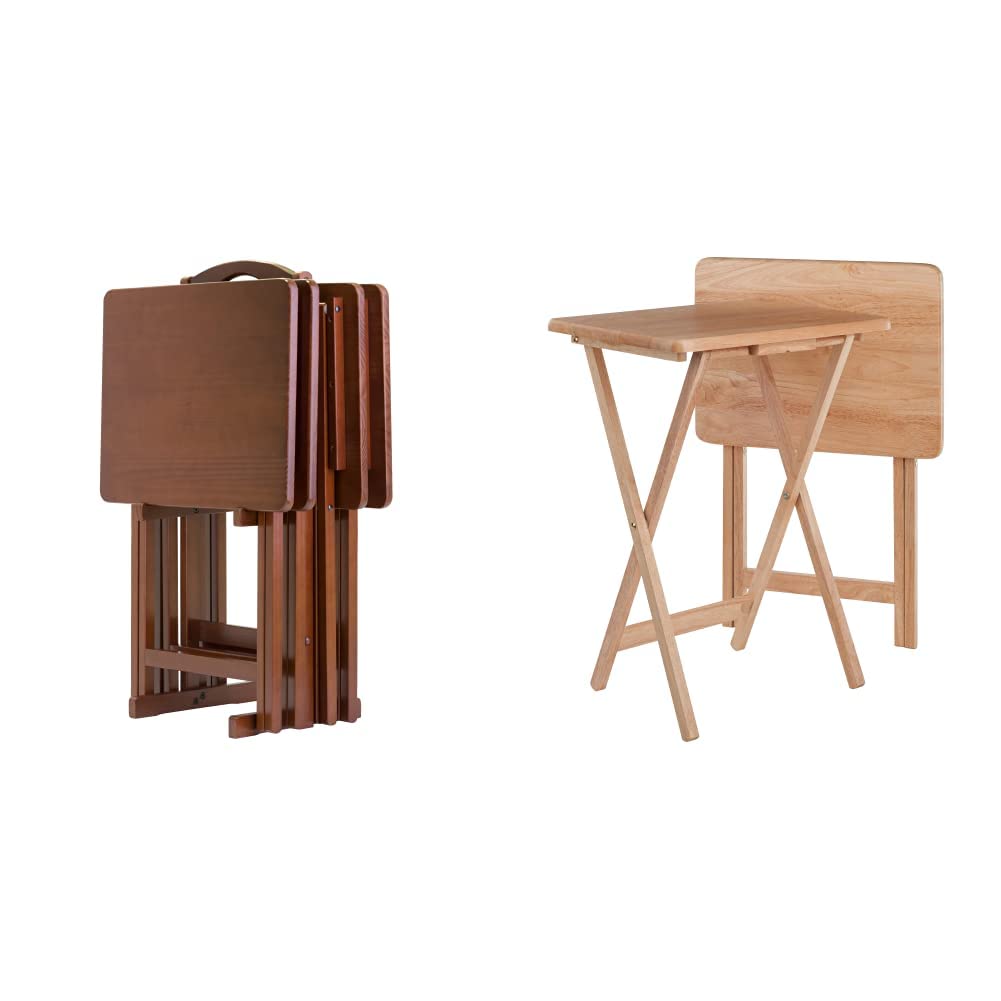 Winsome Alex 5-Piece Snack Table Set in Walnut & 2-Piece TV Stand Set in Natural - Perfect for Living Room, Bedroom, and Small Space Decor