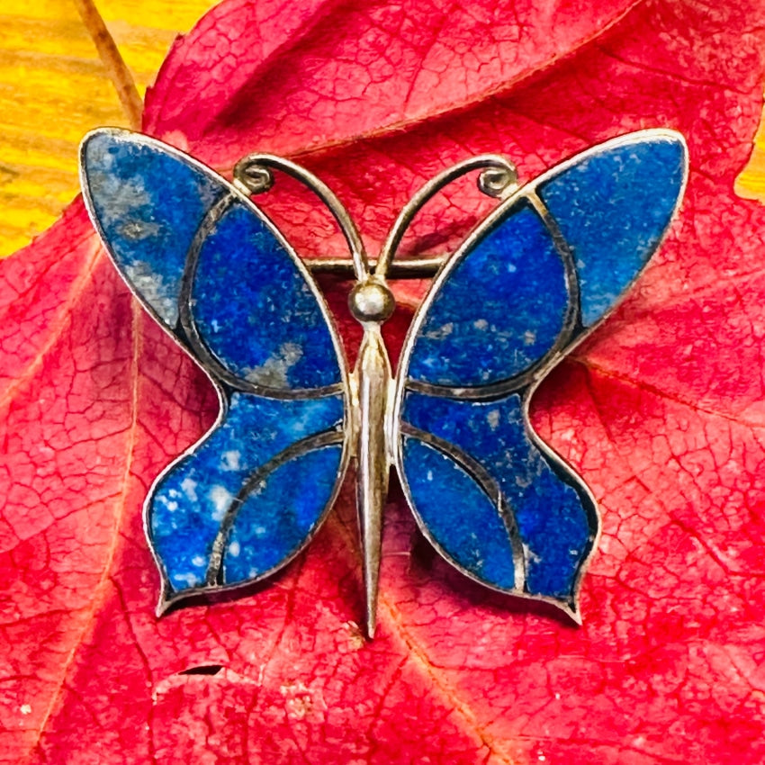 Vintage 975 Sterling Silver Lapis Lazuli Butterfly Brooch Pin - Elegant Jewelry Gift for Women, Perfect for Weddings, Parties & Special Occasions