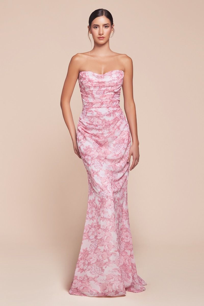 MARTA GOWN ROSE Strapless Floral Printed Chiffon Dress - Elegant Evening Gown for Weddings, Parties & Special Occasions