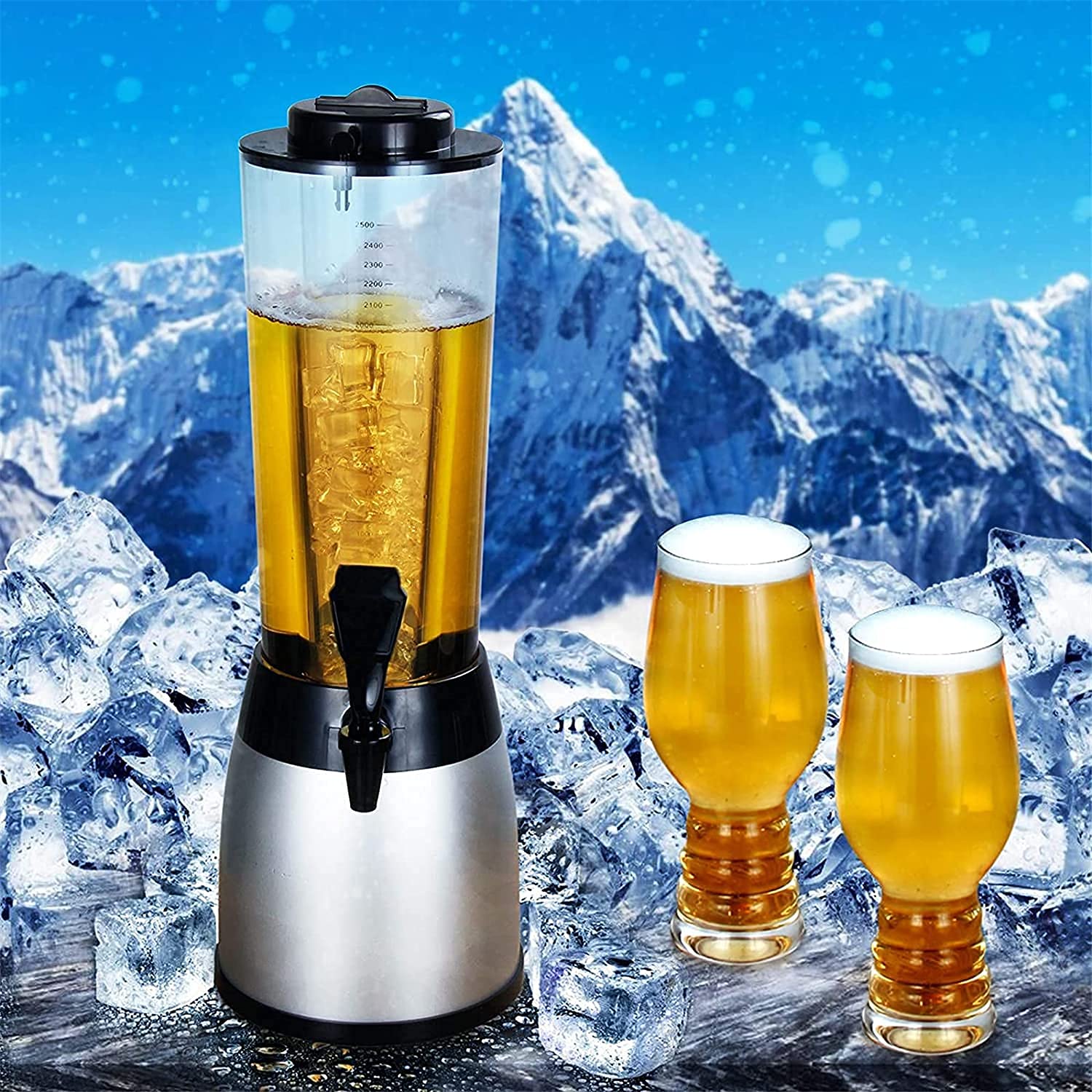 2.5L LED Color Changing Beer Tower Dispenser with Ice Tube - Stainless Steel Drink Dispenser for Parties, Game Day, Bars & Outdoor Events