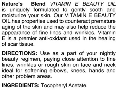 Natures Blend Vitamin E Beauty Oil 49,000 IU - Pure Skin & Hair Care Treatment for Hydration, Anti-Aging & Scar Reduction - Perfect for Daily Moisturizing, Face & Body Massage