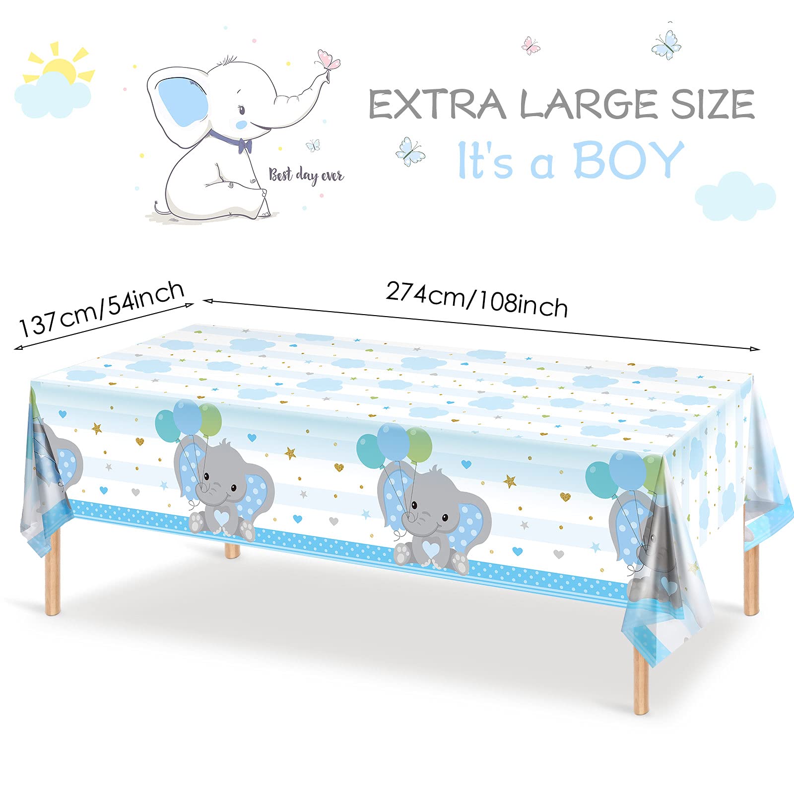 Blue Elephant Baby Shower Tablecloth - 1 Pack Plastic Rectangle Table Cover for Gender Reveal Party Decorations (54