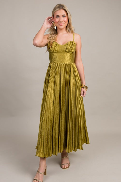 Elegant Chartreuse Satin Pleated Midi Dress for Women - Perfect for Cocktail Parties, Weddings & Special Occasions