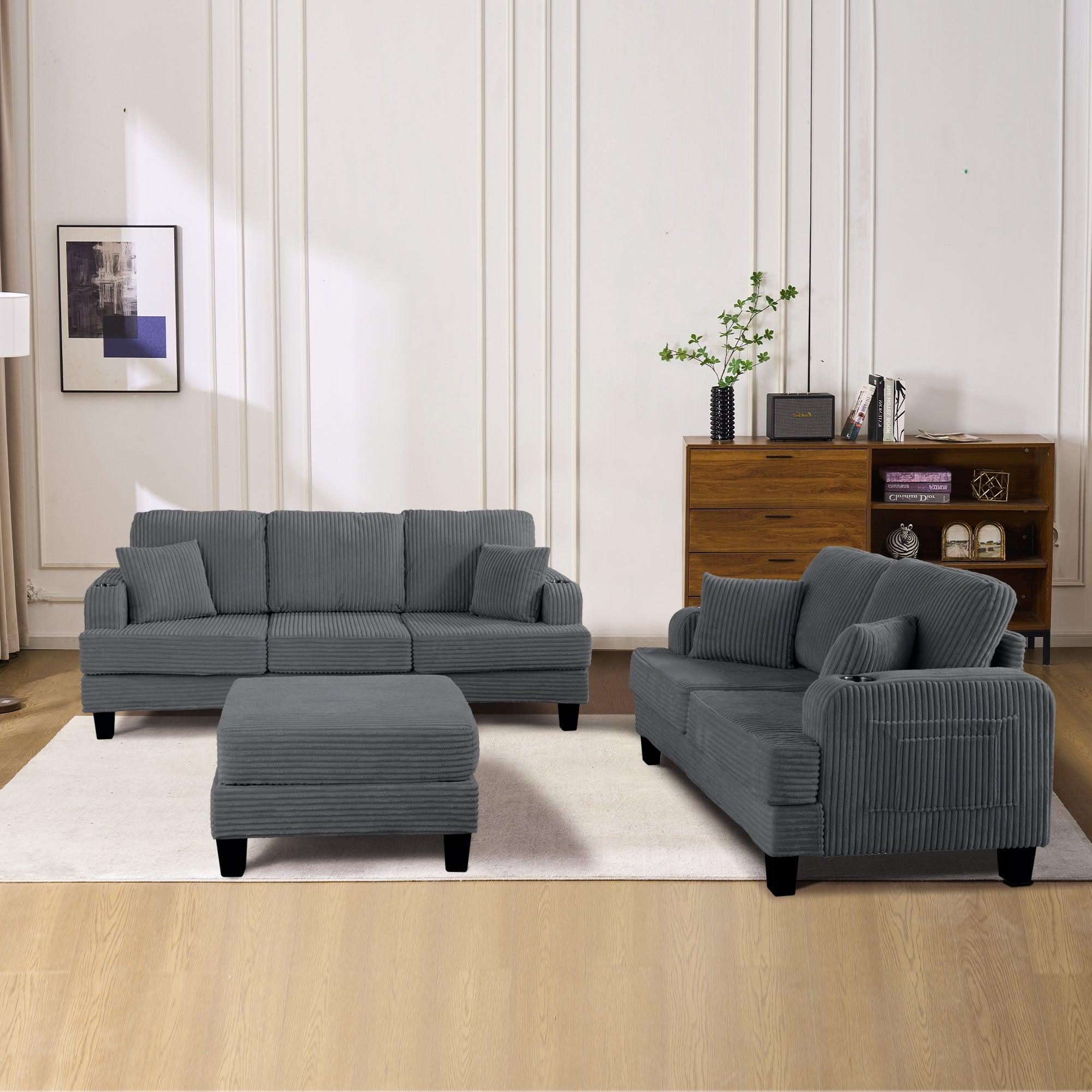 Dark Gray 3-Piece Sectional Sofa Set with Storage Ottoman - 3-Seater Couch & Loveseat with USB Charging Ports, Side Pockets & Throw Pillows - Modern Living Room Furniture for Small Spaces & Apartments - Perfect for Family Gatherings, Movie Nights & Home Office Lounging
