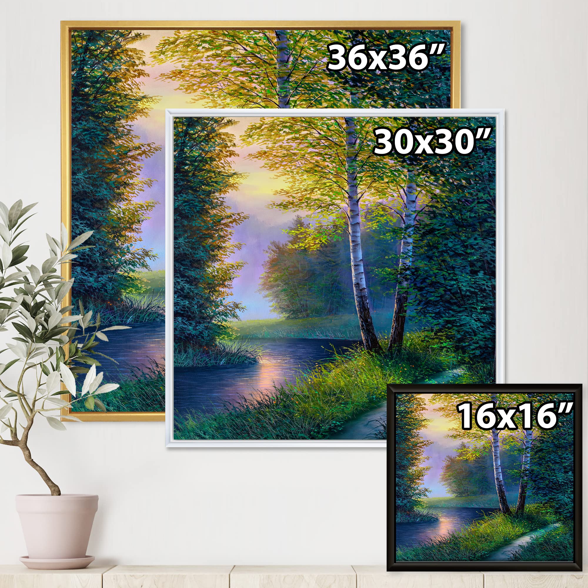 DesignQ Morning Sunlight Through Birch Forest - Lake House Framed Canvas Wall Art Print for Living Room, Bedroom & Office Decor