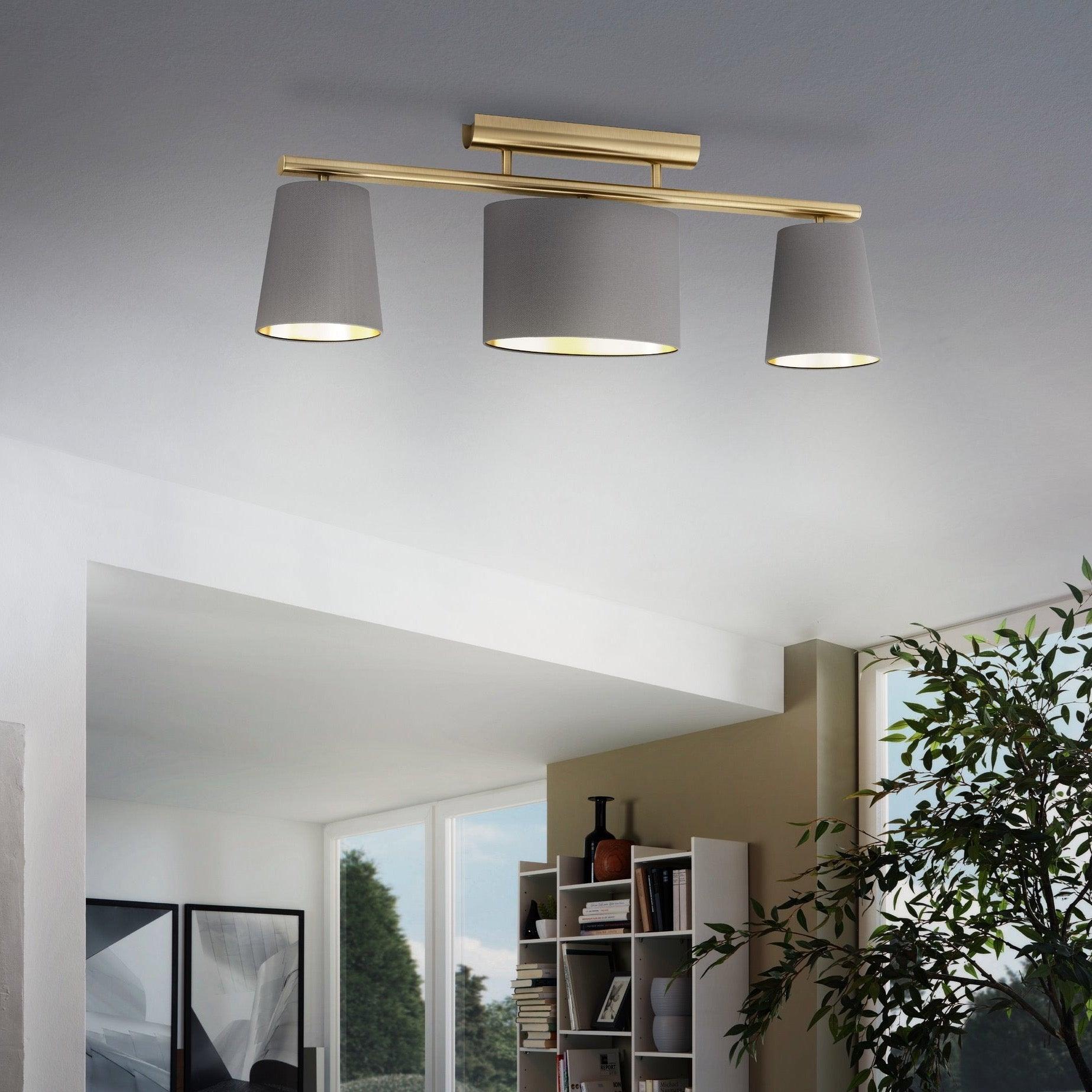 Eglo Almeida 2-3 Light Brass Flush Mount Ceiling Light Fixture with Grey Fabric Shades - Modern Lighting for Bedroom, Hallway & Living Room