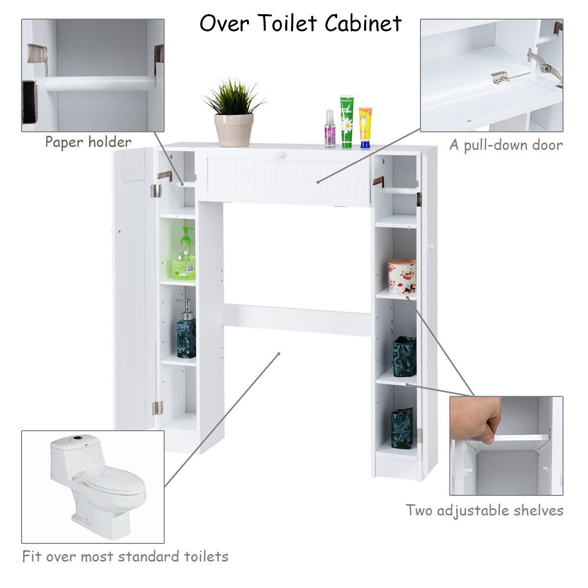 White Wooden Over The Toilet Storage Cabinet with Drop Door - Space Saving Bathroom Organizer for Towels, Toiletries & Cleaning Supplies