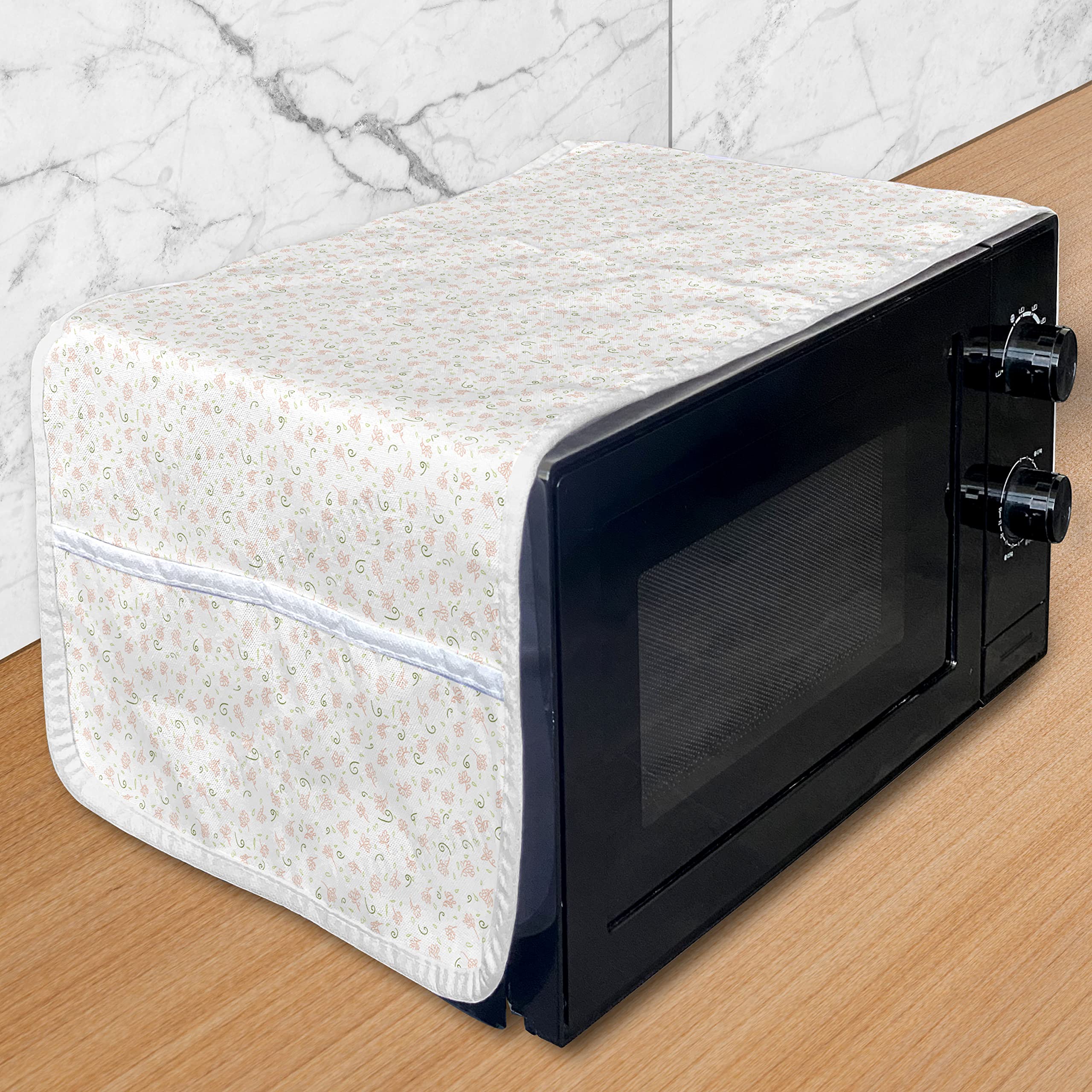 Lunarable Floral Microwave Oven Cover - Sketch Nature Design with Tiny Flowers, Leaves & Curls | Waterproof Kitchen Organizer with Pockets | 36