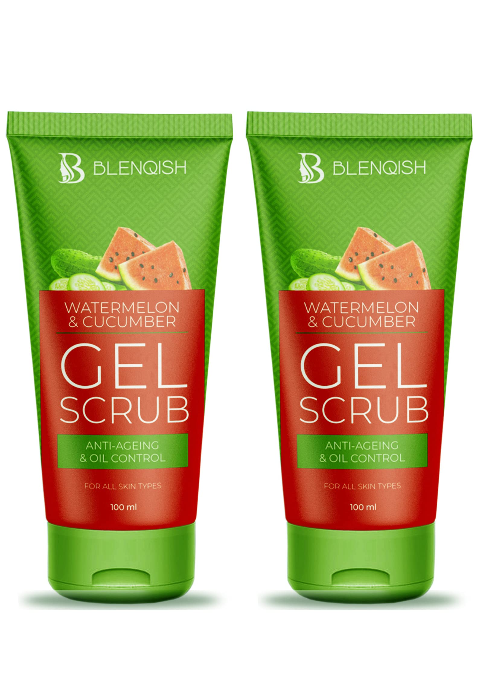 BLENQISH Watermelon & Cucumber Face Scrub - Oil Control, Anti-Aging for Oily Skin | Brightening & Gentle Cleansing | 100% Vegan Skincare (100ml x 2 Pack) | Perfect for Morning Routine & Pre-Makeup Exfoliation