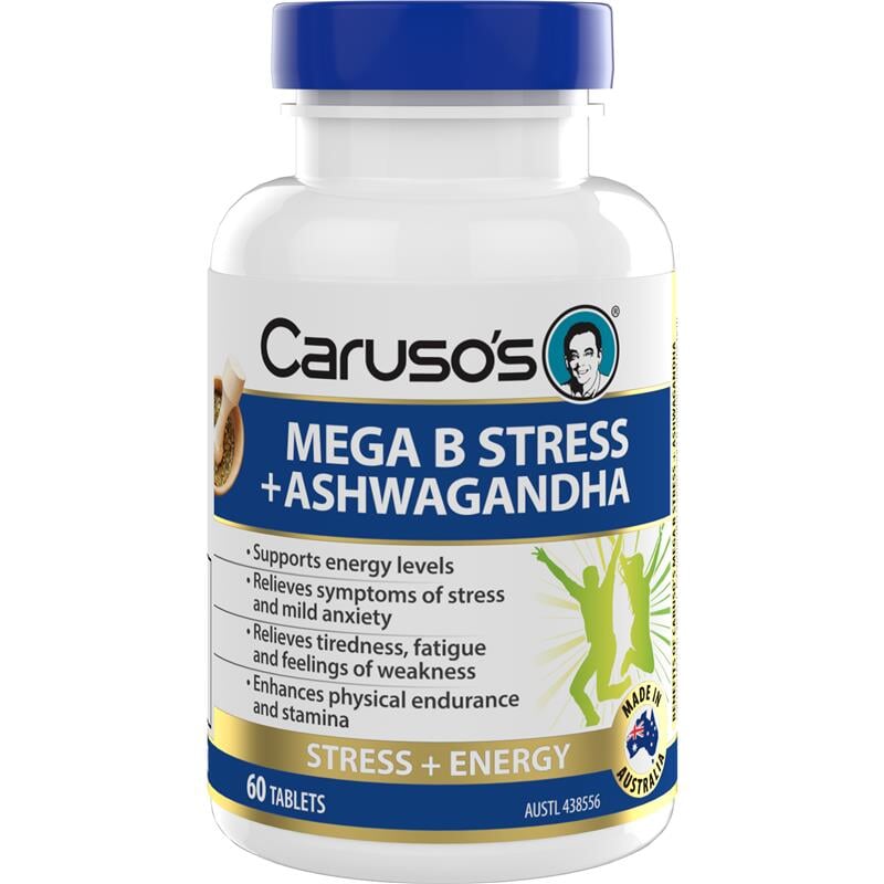 Caruso's Mega B Stress Relief Supplement with Ashwagandha - Natural Stress & Anxiety Support for Work, Study & Daily Life