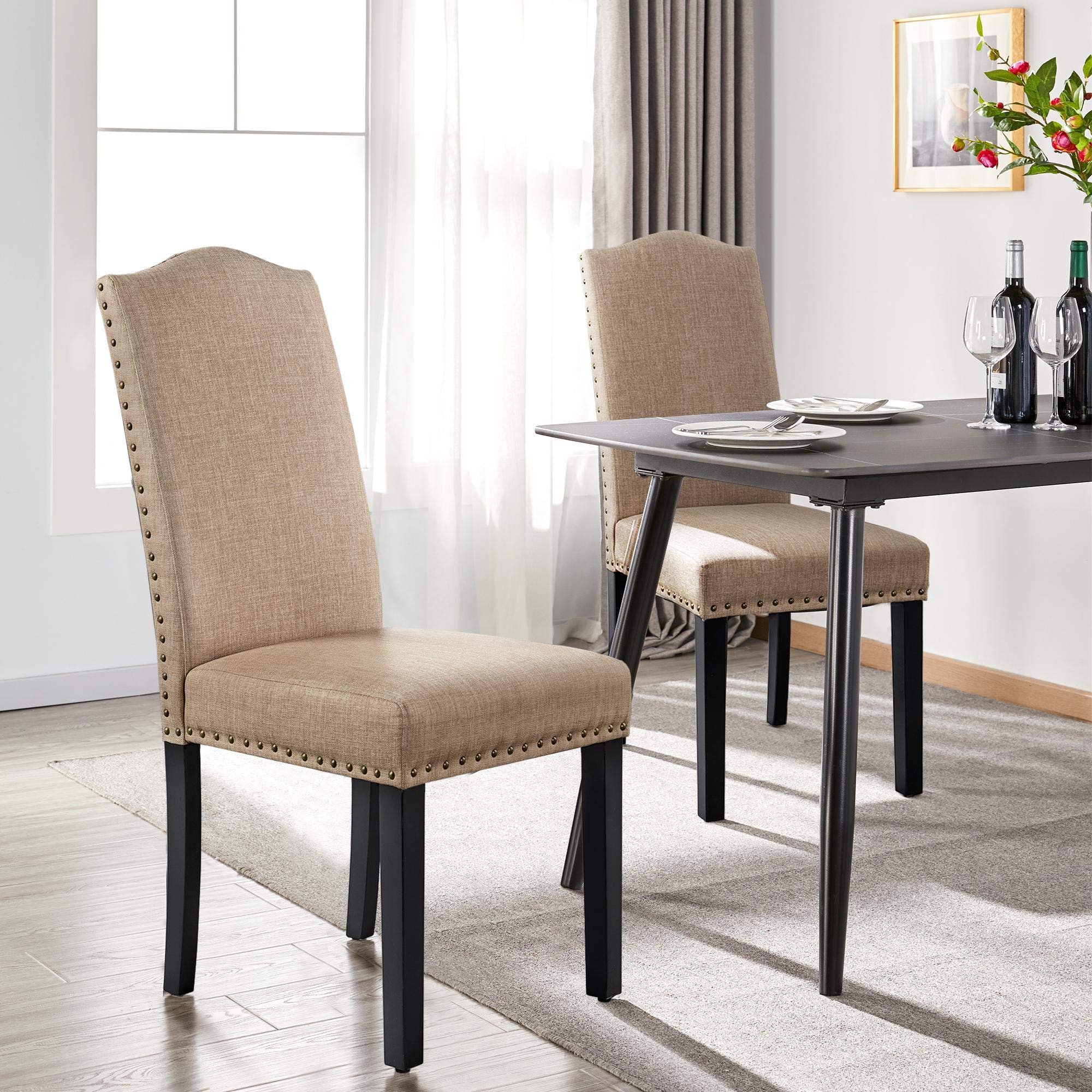 Yaheetech Set of 2 Upholstered Parsons Dining Chairs with Rubber Wood Legs & Nailhead Trim - Fabric Side Chairs for Kitchen, Living Room & Dining Room - Comfortable Seating for Family Meals, Entertaining Guests & Home Decor (Khaki)
