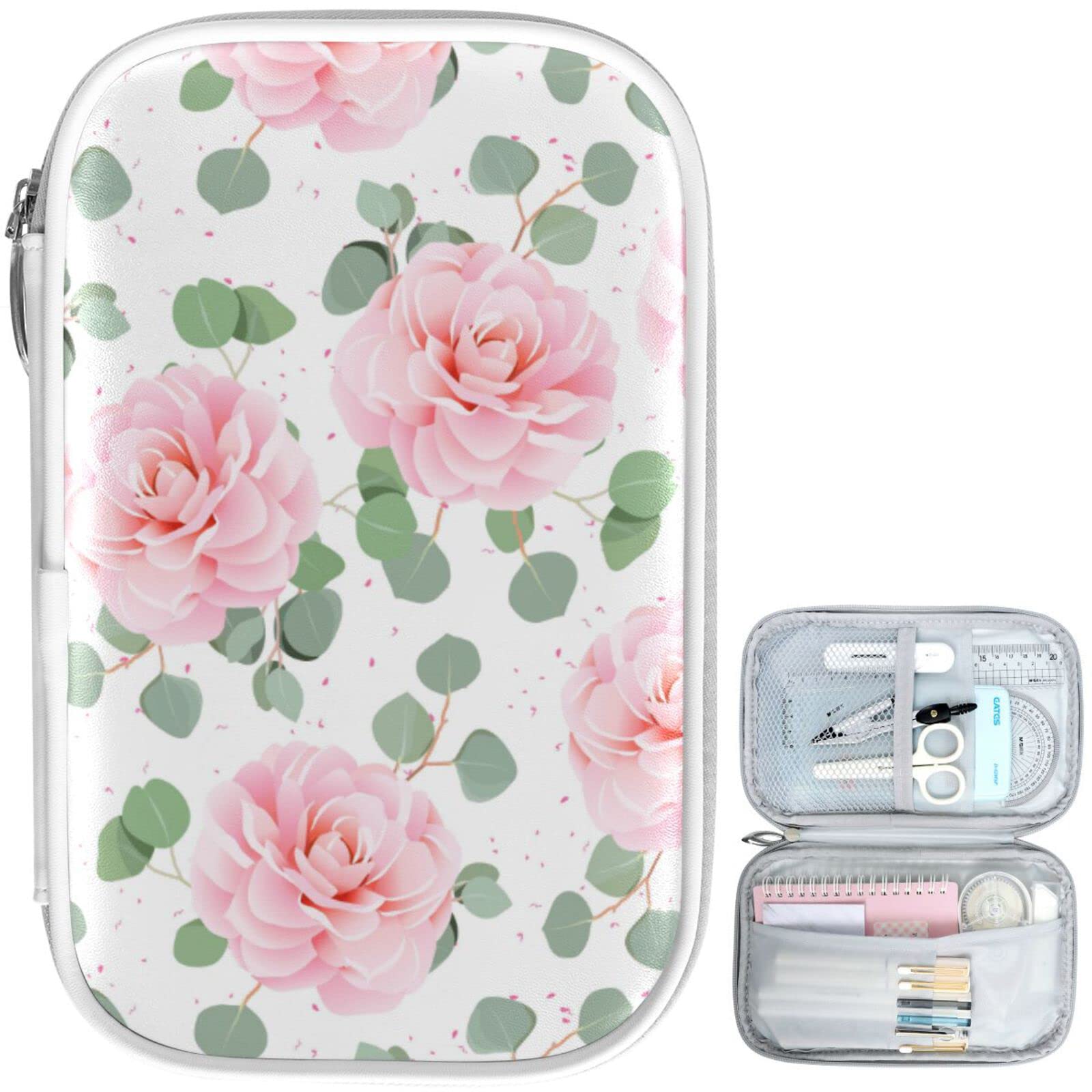 ZZKKO Pink Camellia Marble Pencil Case - Zippered School & Office Organizer for Pens, Stationery, Makeup & Cosmetics | Perfect for Students, Professionals & Travel Accessories Storage