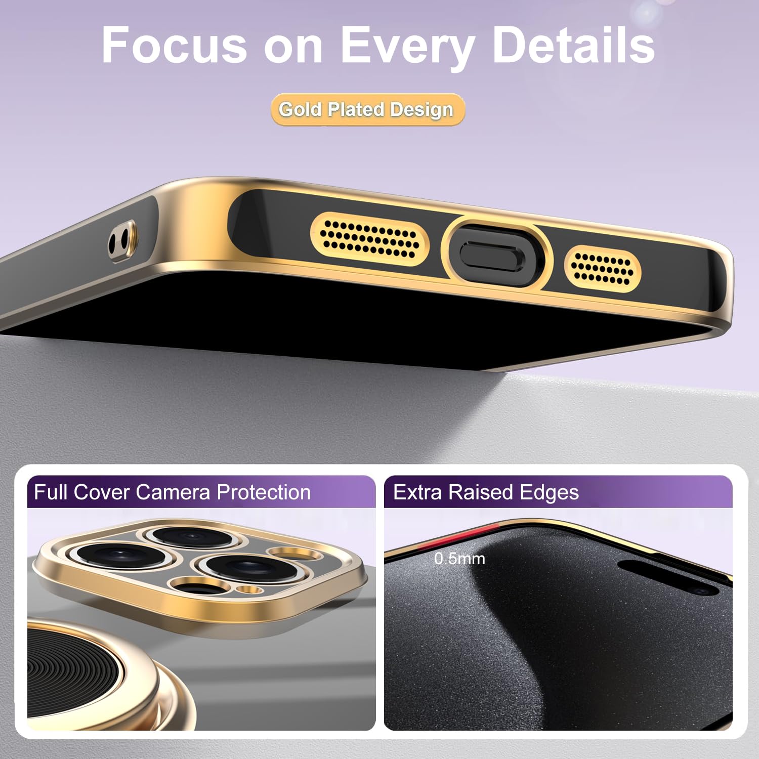 Premium iPhone 15 Pro Max Case with Multi-Function Finger Ring Stand - Upgraded Camera Protection & Gold Plated Slim Cover (Black) | Perfect for Everyday Use, Travel & Hands-Free Viewing