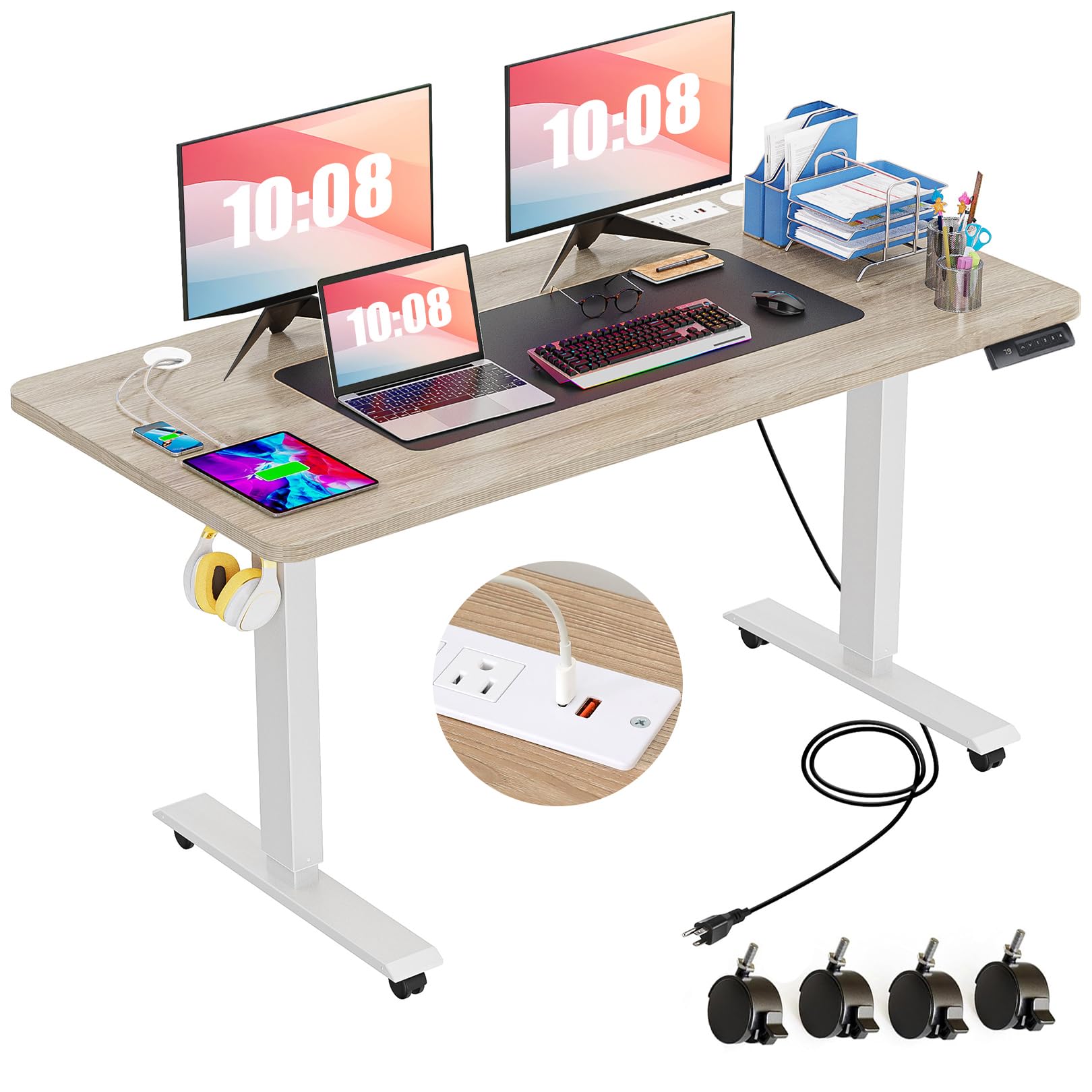 Farexon 55 x 24 Inch Electric Standing Desk with Charging Station - Adjustable Height Computer Desk with USB Ports, Power Outlets & Mouse Pad - 27