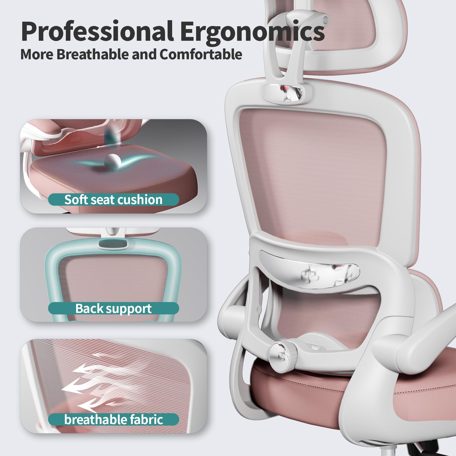 Ergonomic Office Chair with Wheels - 330 LBS Capacity High Back Mesh Desk Chair for Home & Gaming - Comfortable Computer Chair for Long Hours (Pink) - Perfect for Home Office, Gaming Setup, and Workspaces