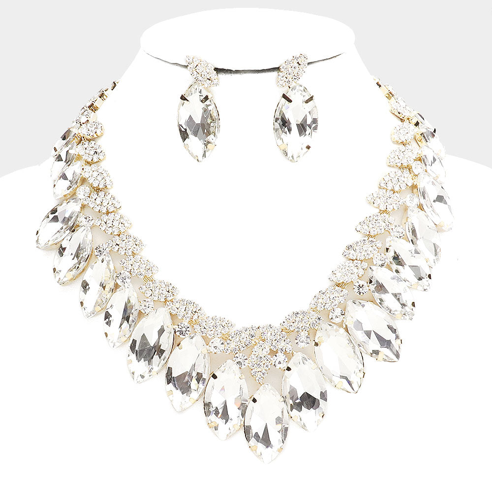 Elegant Clear Crystal Marquise Stone Statement Necklace in Gold - Perfect for Evening Parties, Weddings & Special Occasions | 484074