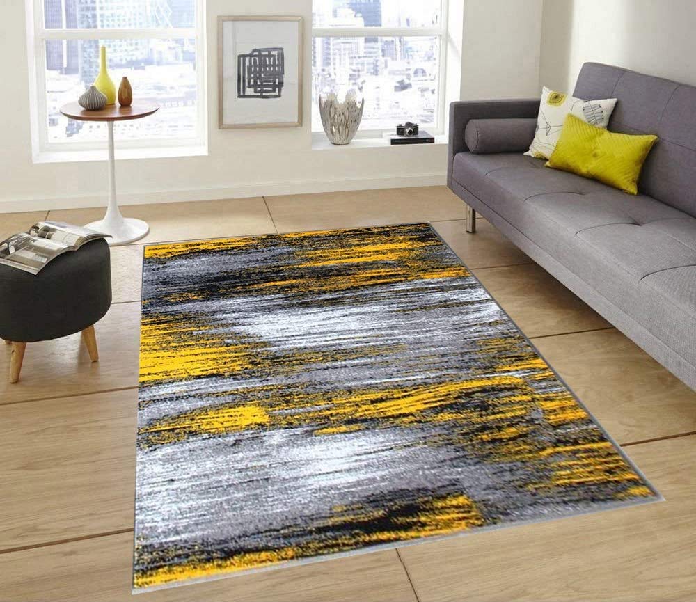 Champion Modern Abstract Brush Soft Plush Area Rug - 5x7 Feet, Yellow Grey Black - Perfect for Living Room, Bedroom & Office Decor