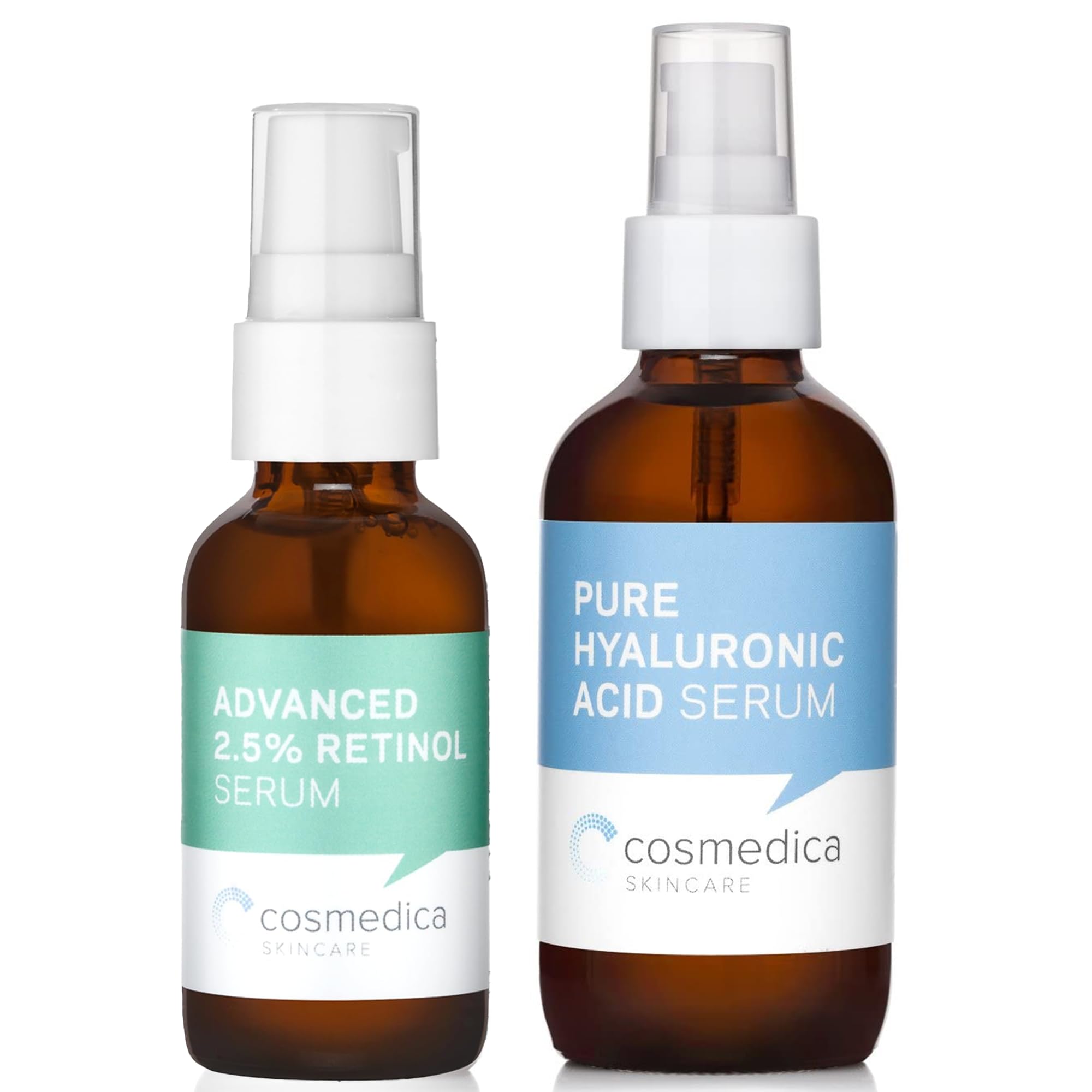 Cosmedica Skincare Retinol 2.5% Serum (1oz) & Hyaluronic Acid Serum (4oz) Anti-Aging Bundle - Hydrating Treatment for Fine Lines, Wrinkles, Dark Spots & Acne Scars | Night Skincare Routine, Daily Moisturizing