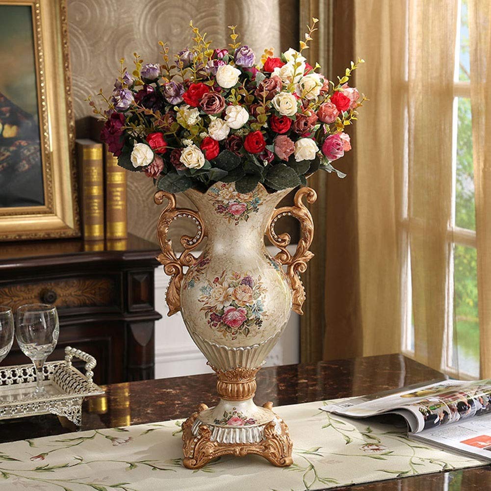 European-Style Retro Resin Large Flower Vase - Hand-Painted Tall Decorative Vase for Home Decor (16×40×22cm, Beige) | Perfect for Living Room, Dining Table Centerpiece, Bedroom, Kitchen, Office & Hotel Decorations