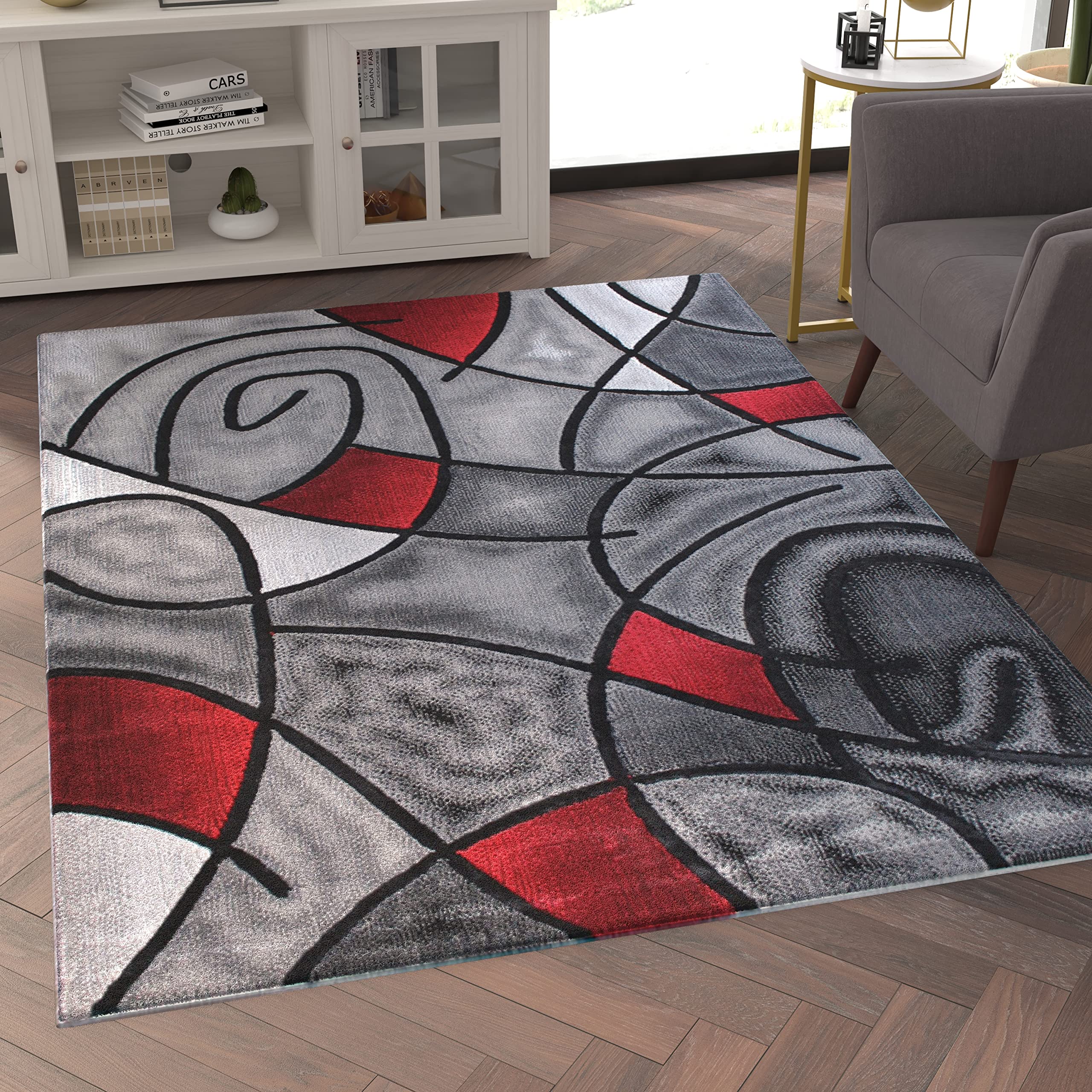 EMMA + OLIVER Urbane Round Plush Olefin Accent Rug - 5x7 Feet Abstract Geometric Pattern with Gradient Gray & Vibrant Blue - Moisture & Stain Resistant Indoor-Outdoor Rug for Living Room, Bedroom, or Office Decor