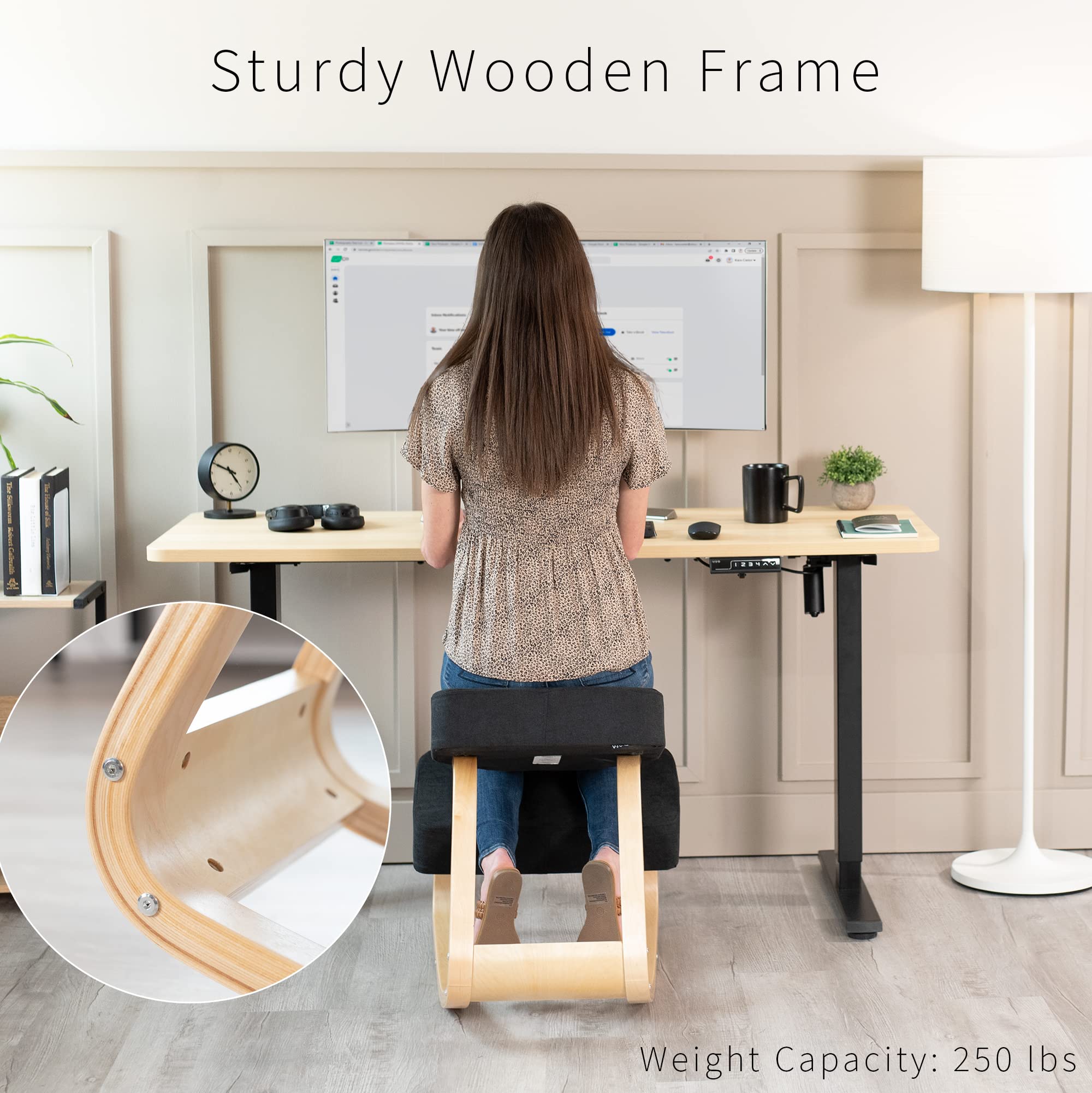 Ergonomic Wooden Rocking Kneeling Chair - Adjustable Posture Support for Home Office with Thick Black Cushions & Light Wood Frame | Perfect for Meditation, Yoga & Back Pain Relief (CHAIR-K04R)
