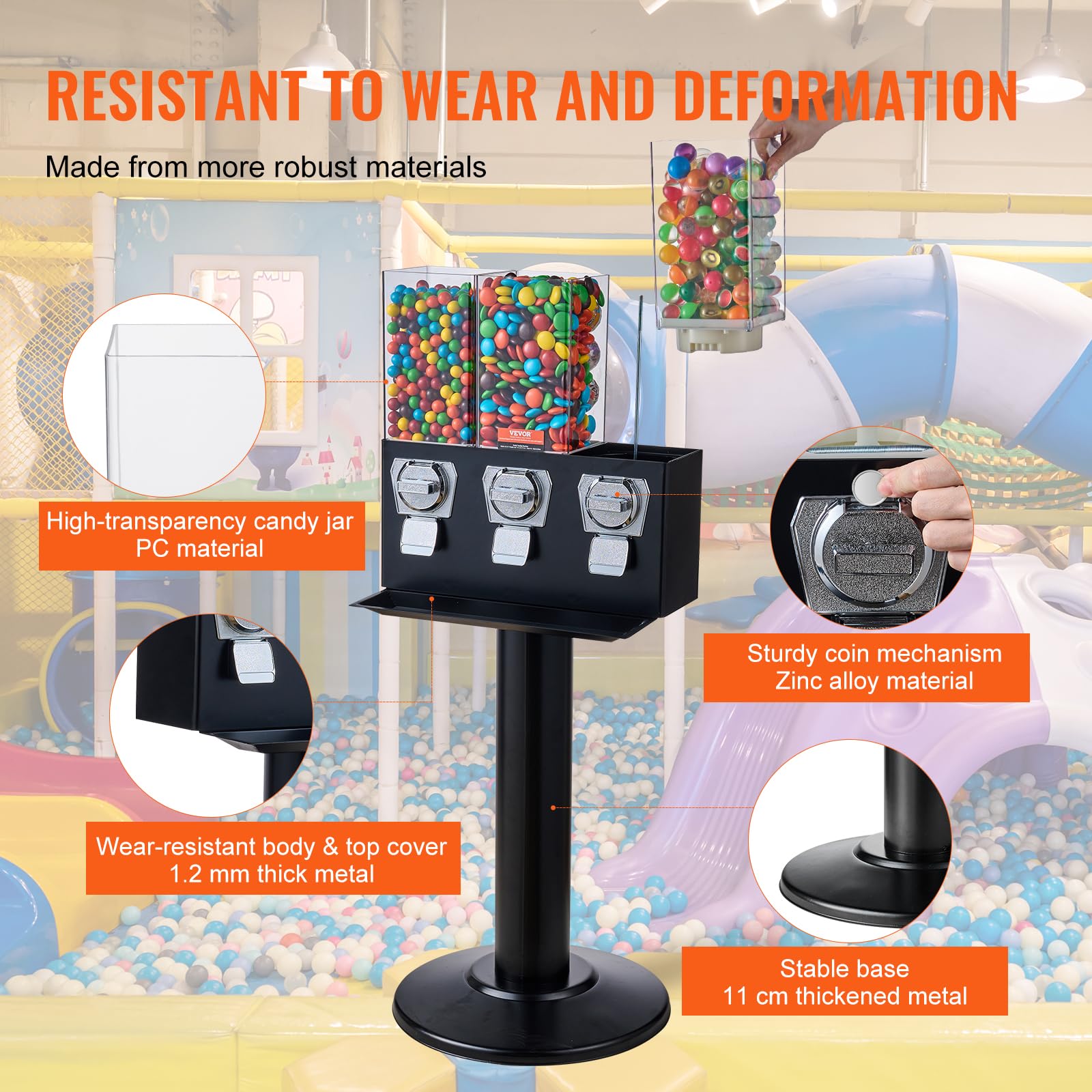 VEVOR Commercial Triple Compartment Candy Vending Machine with Iron Stand - Coin Operated Gumball & Nut Dispenser for Business (Black) | Perfect for Retail Stores, Arcades, and Office Break Rooms