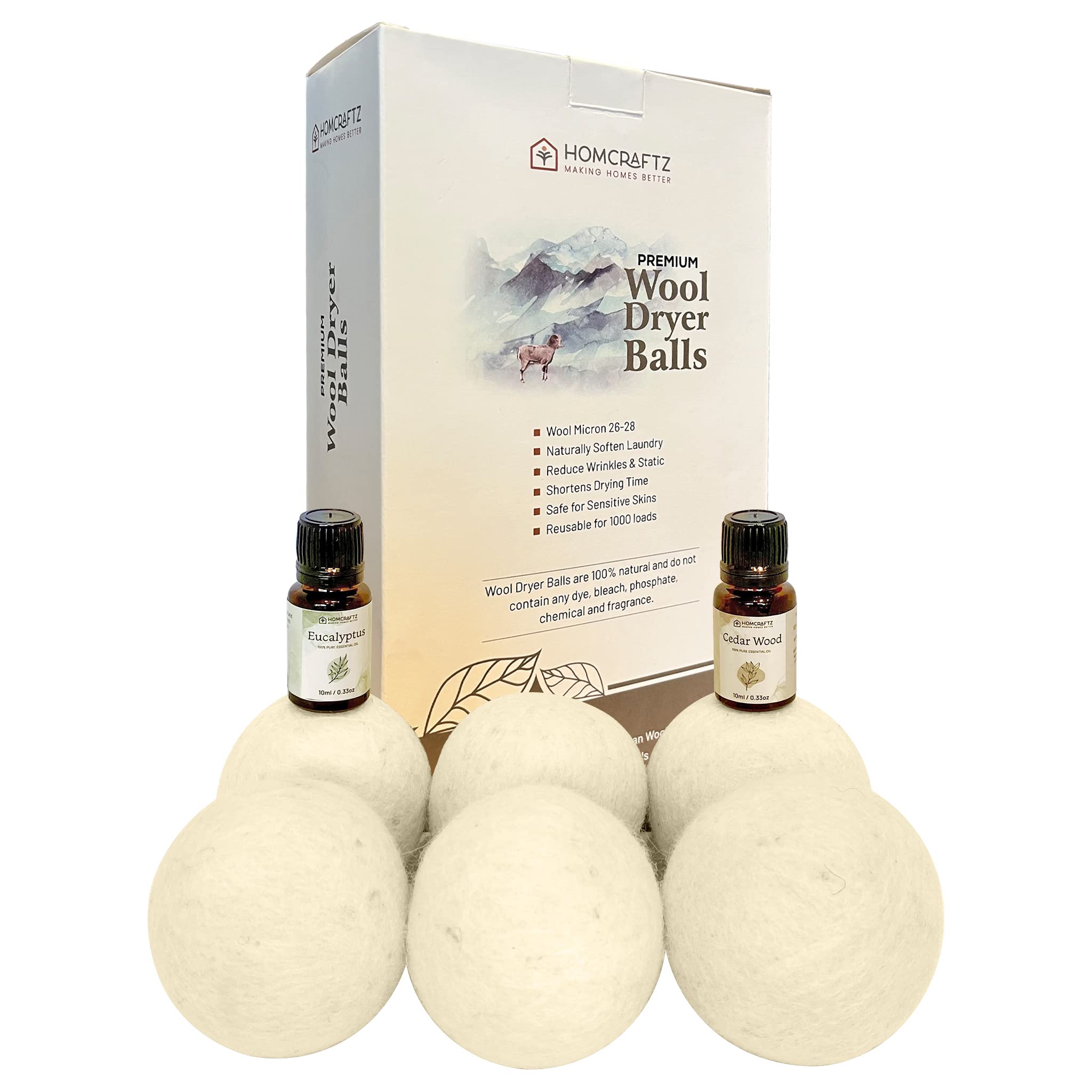 Premium Himalayan Wool Dryer Balls with Essential Oils - 6 Large Natural Fabric Softener Balls + 2 Bottles of Lavender & Eucalyptus Oil - Eco-Friendly, Reusable, Chemical-Free Laundry Solution for Faster Drying & Softer Clothes (Perfect for Baby Clothes, Towels & Sensitive Skin)