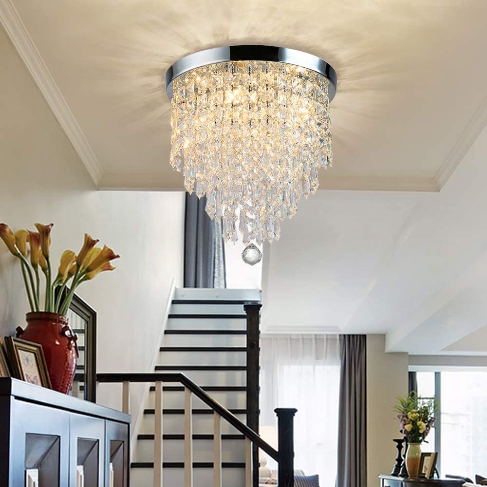 Depuley 3-Light Modern Crystal Chandelier - K9 Ceiling Light with Clear Acrylic Jewel Droplets, 250mm Flush Mount LED Lighting for Dining Room, Bedroom, Living Room - Elegant Home Decor & Wedding Venue Lighting