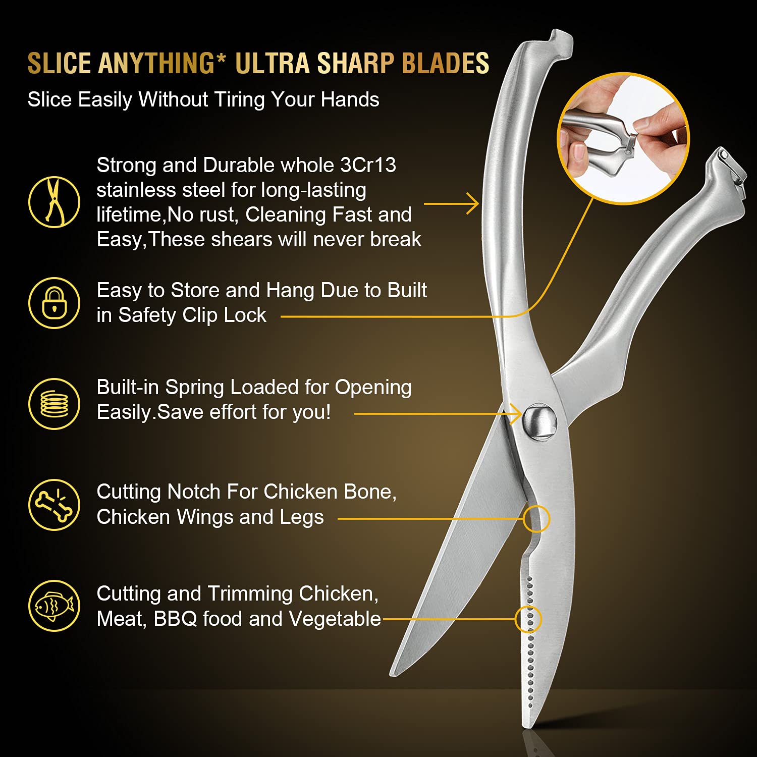 Heavy Duty Stainless Steel Kitchen Shears - Serrated Edge Poultry Shears for Chicken, Turkey, Fish & Meat Cutting - Spring Loaded Multipurpose Kitchen Scissors for Bones, Herbs & Food Prep - Perfect for Home Cooking, BBQ & Professional Chefs