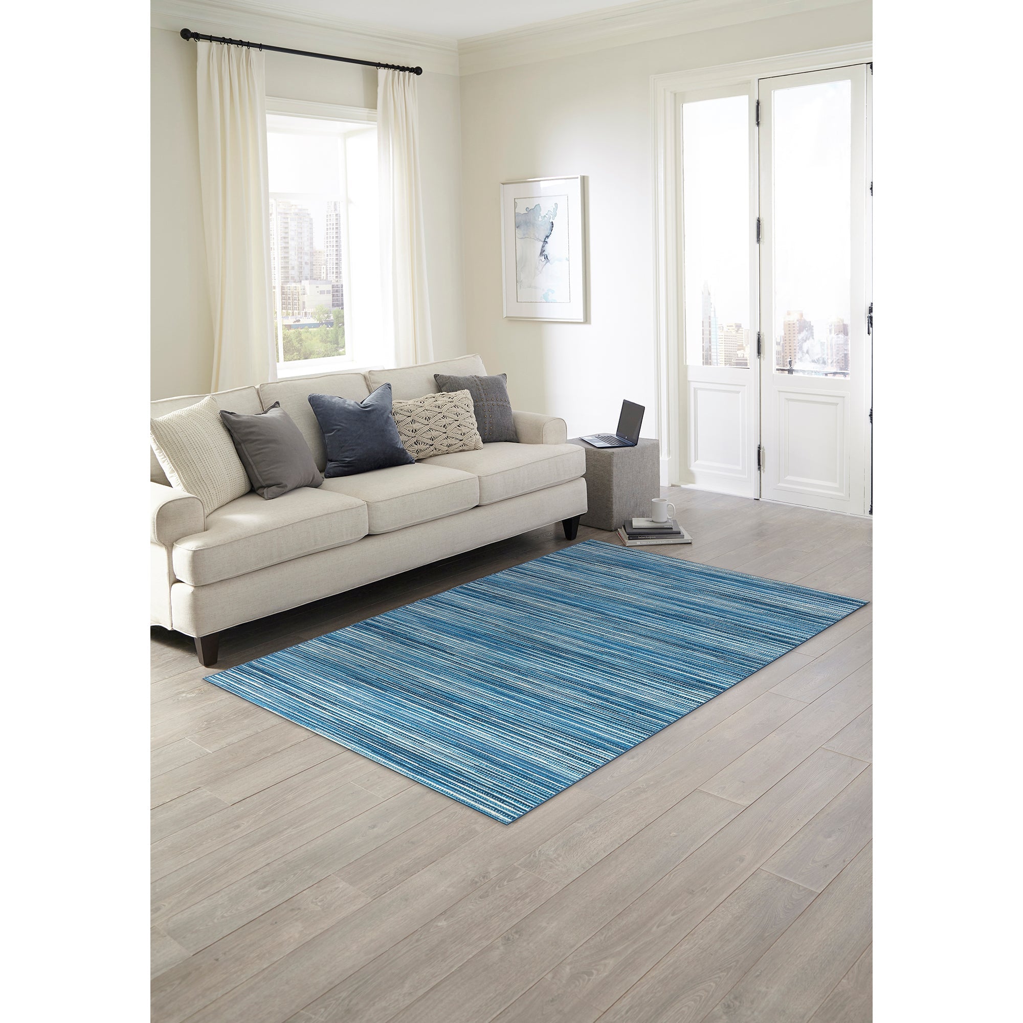 Liora Manne Marina Stripes Indoor/Outdoor Rug - China Blue Design | Perfect for Living Room, Patio & Beach House Decor