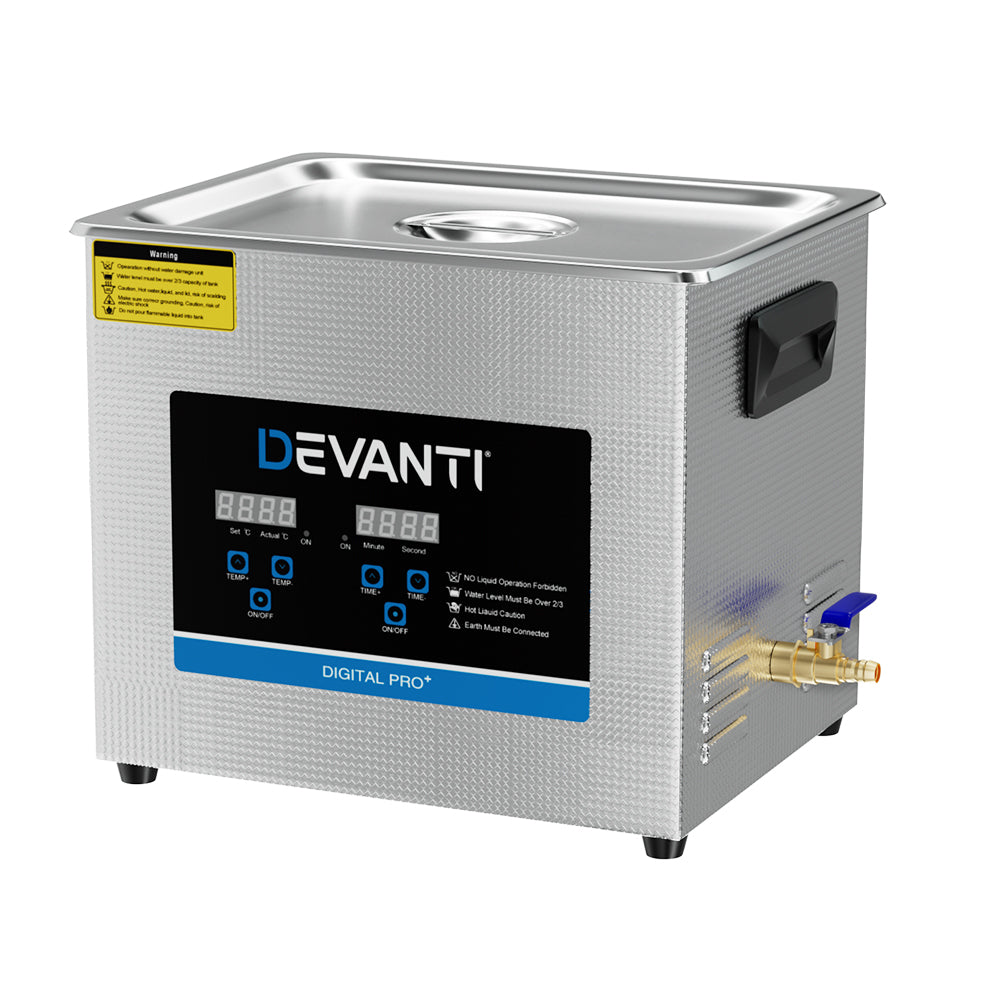 Devanti 10L Ultrasonic Cleaner with Heater & Timer - 240W Industrial Cleaning Machine for Jewelry, Glasses, Watches & Dental Tools - Perfect for Home, Lab & Workshop Use