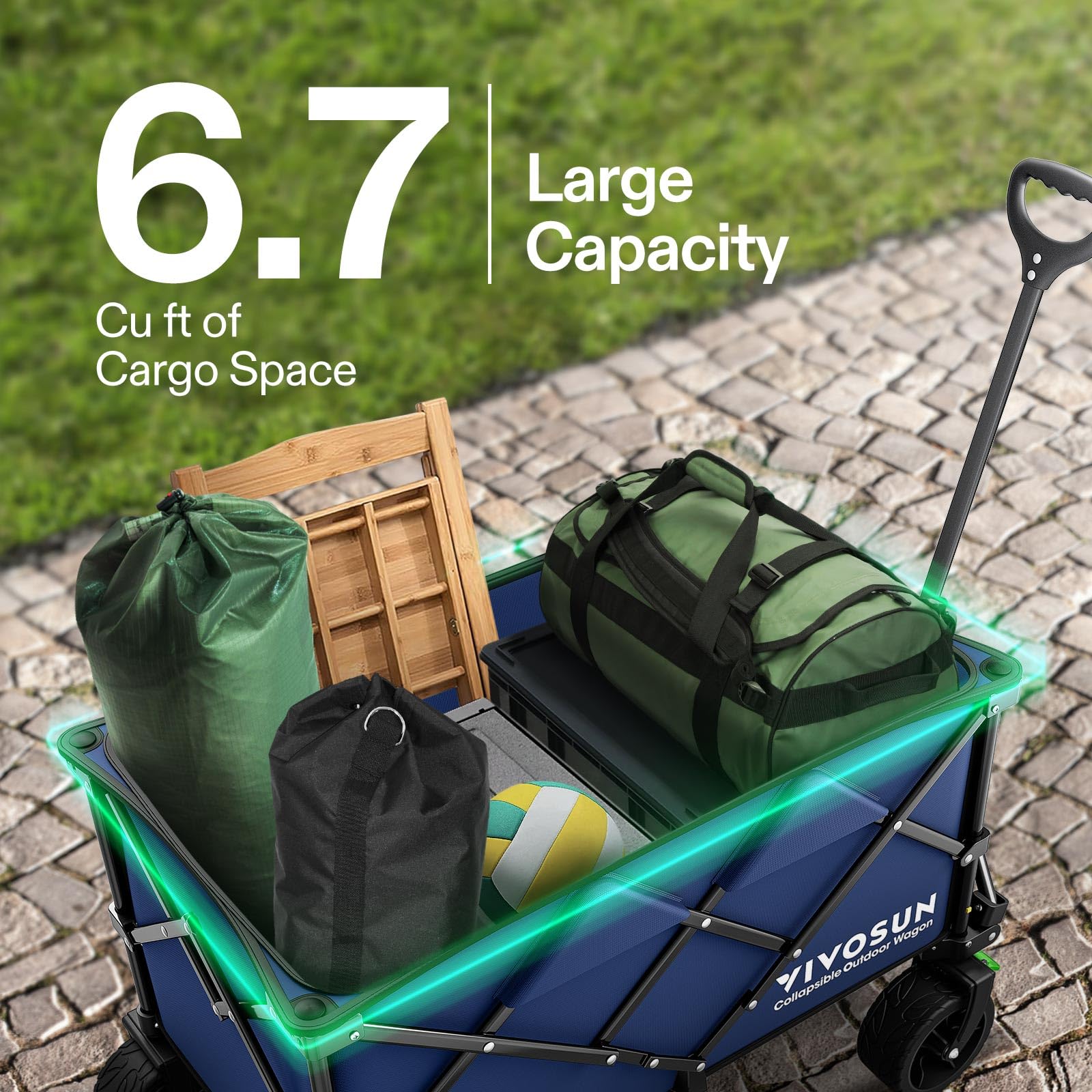 VIVOSUN Collapsible Folding Wagon Cart with All-Terrain Wheels - Adjustable Handle, Cup Holders & Storage Pockets - Perfect for Beach, Camping, Shopping, Picnics, Gardening & Outdoor Activities - Heavy Duty Utility Wagon for Sand, Grass & Rough Terrain - Portable Blue Folding Cart