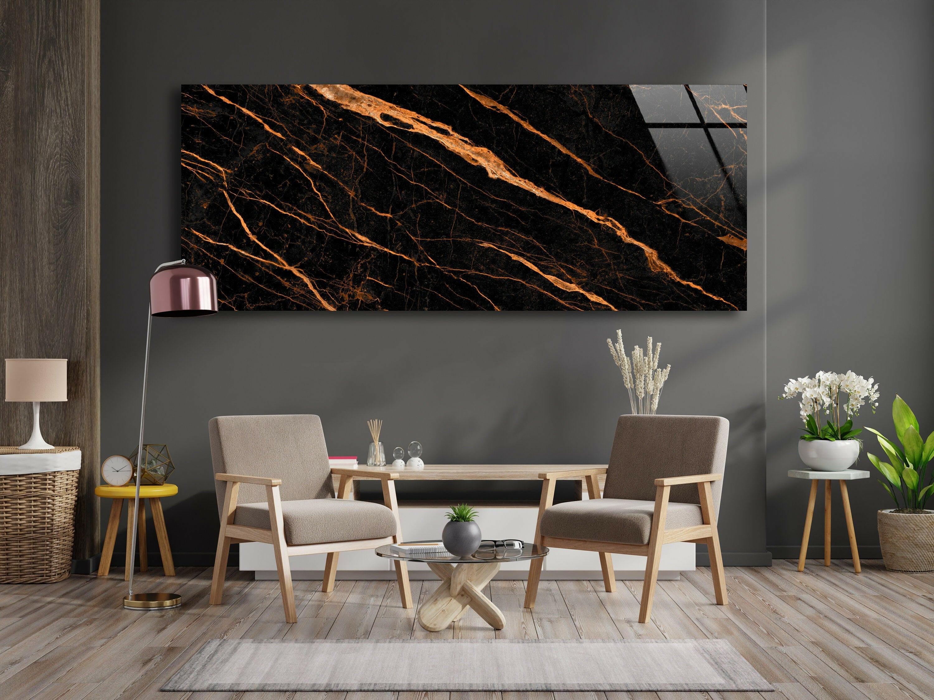 Black Marble with Orange Veins Glass Wall Art - Modern Abstract Home Decor for Living Room, Bedroom & Office - Shatterproof Tempered Glass Wall Hanging