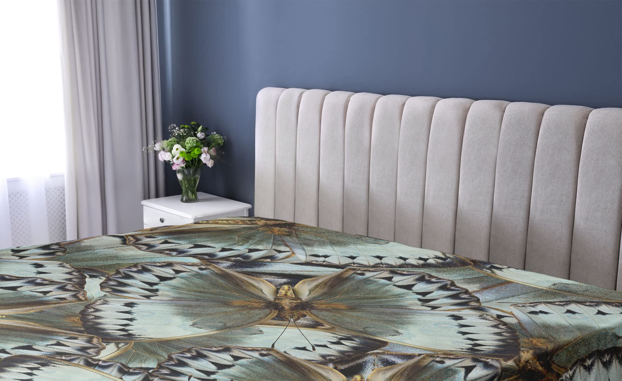 Ambesonne Exotic Queen Size Fitted Sheet - Butterfly Jungle & Moth Transformation Print, Deep Pocket Elastic Bed Cover in Almond Green Black | Nature-Inspired Bedding for Tropical & Bohemian Bedroom Decor