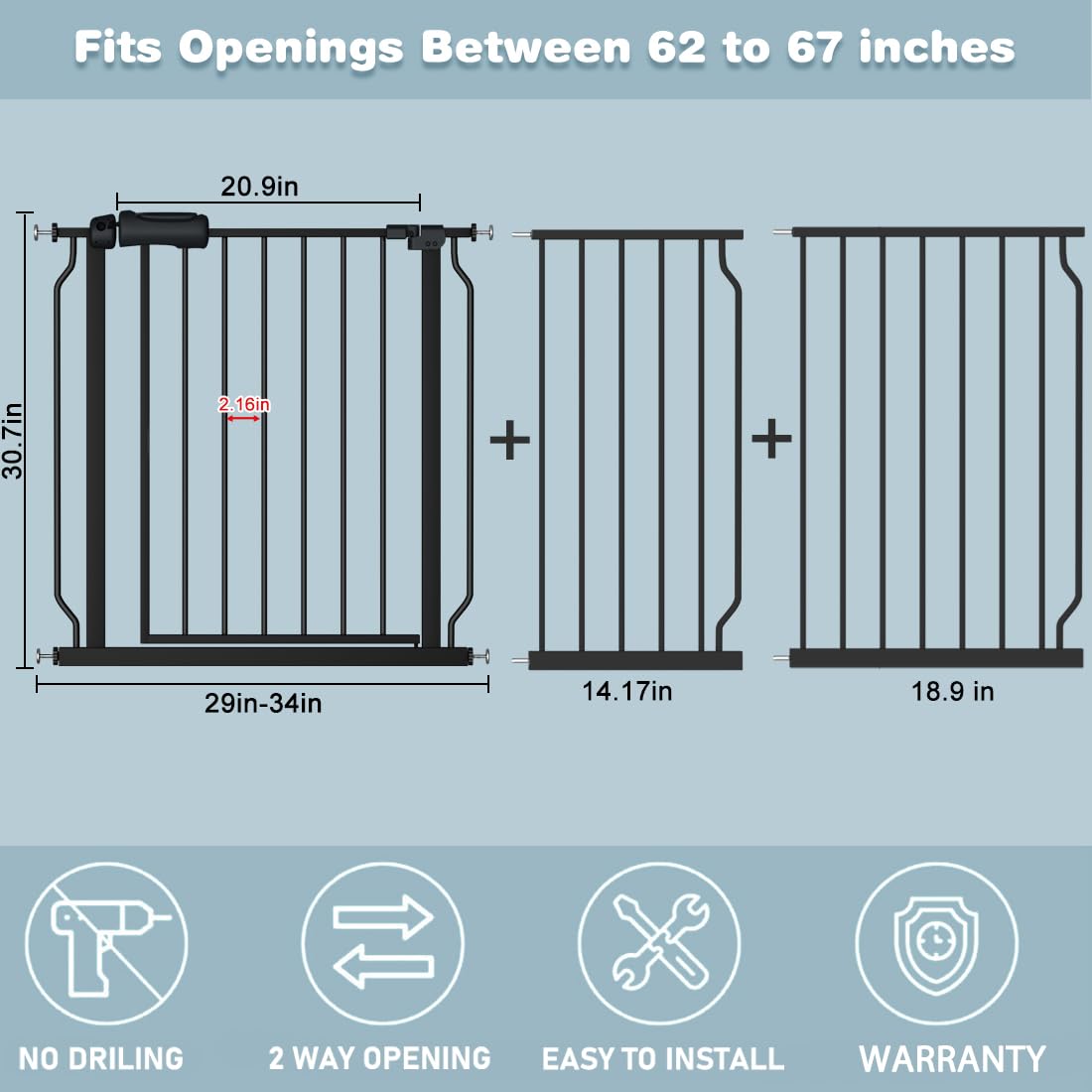 Extra Wide Baby Gate 62-67 Inch - Black Pressure Mounted Auto Close Safety Gate for Child & Pet - Perfect for Wide Doorways, Stairs, Hallways & Home Security
