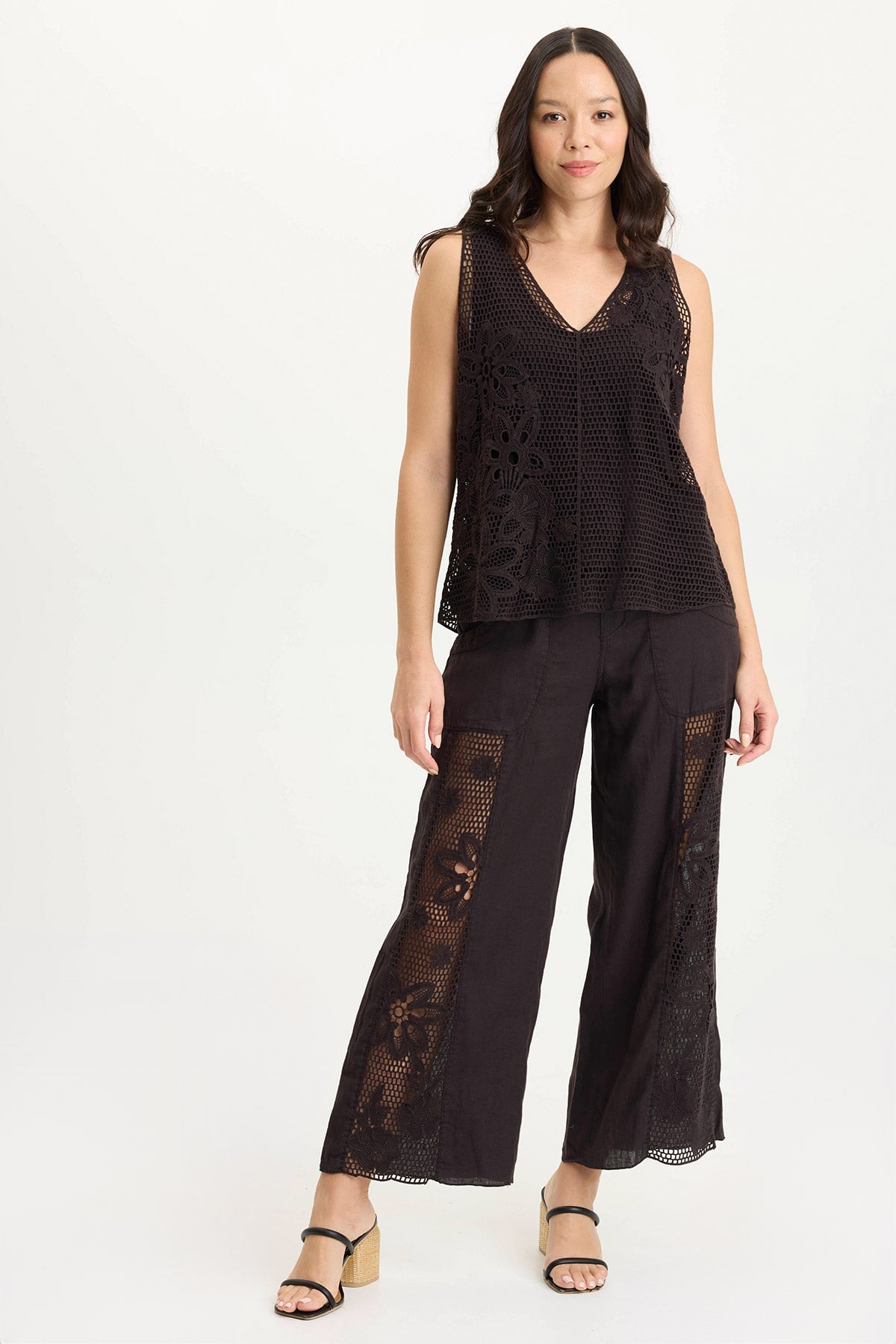 Rokel Linen Crochet Ruched Wide Leg Pants for Women - Boho Chic High Waisted Palazzo Trousers - Perfect for Summer, Beach Vacations & Casual Outings