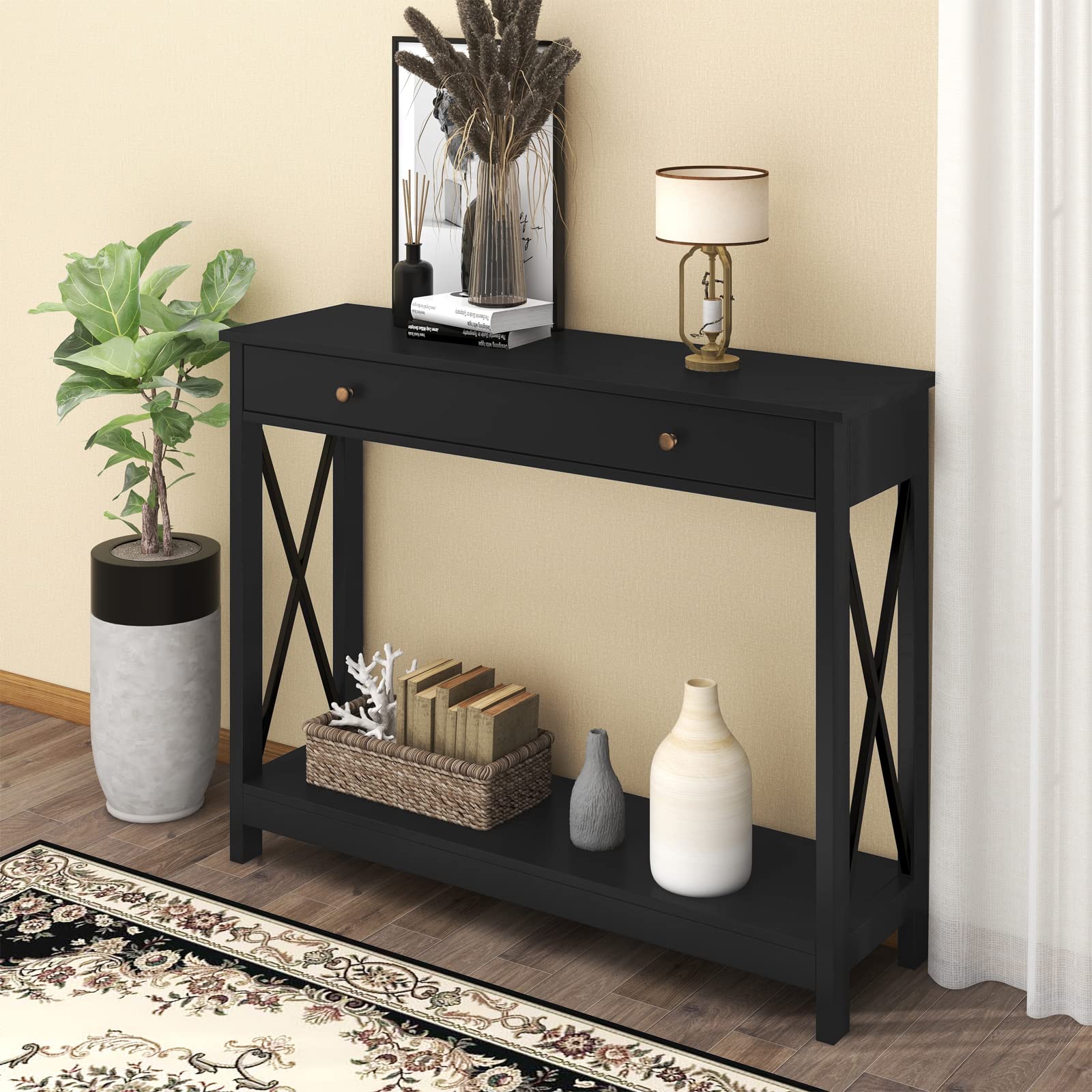 Treocho Black Console Table with Drawer & Storage Shelves - Narrow Sofa Table for Entryway, Living Room, Hallway | Perfect for Small Spaces, Home Decor & Organizing Keys, Mail & Decor Items