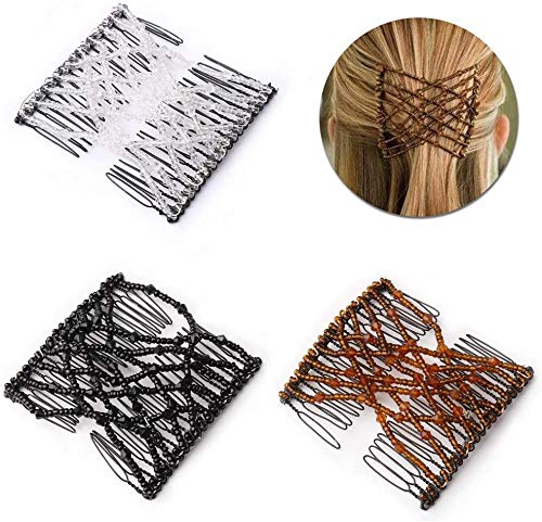 3 Pcs Crystal Bead Hair Combs - Magic Elastic Hair Clips & Stretchy Hair Barrettes for Women - Double Hair Claw Clips Set - Perfect for Updos, Ponytails & Everyday Styling