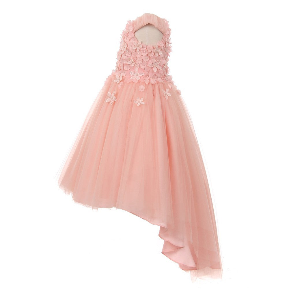 3D Flower Adorned Tulle Hi-Low Junior Bridesmaid Dress for Big Girls - Size 8-16 | Perfect for Weddings, Prom, Quinceañera & Special Occasions