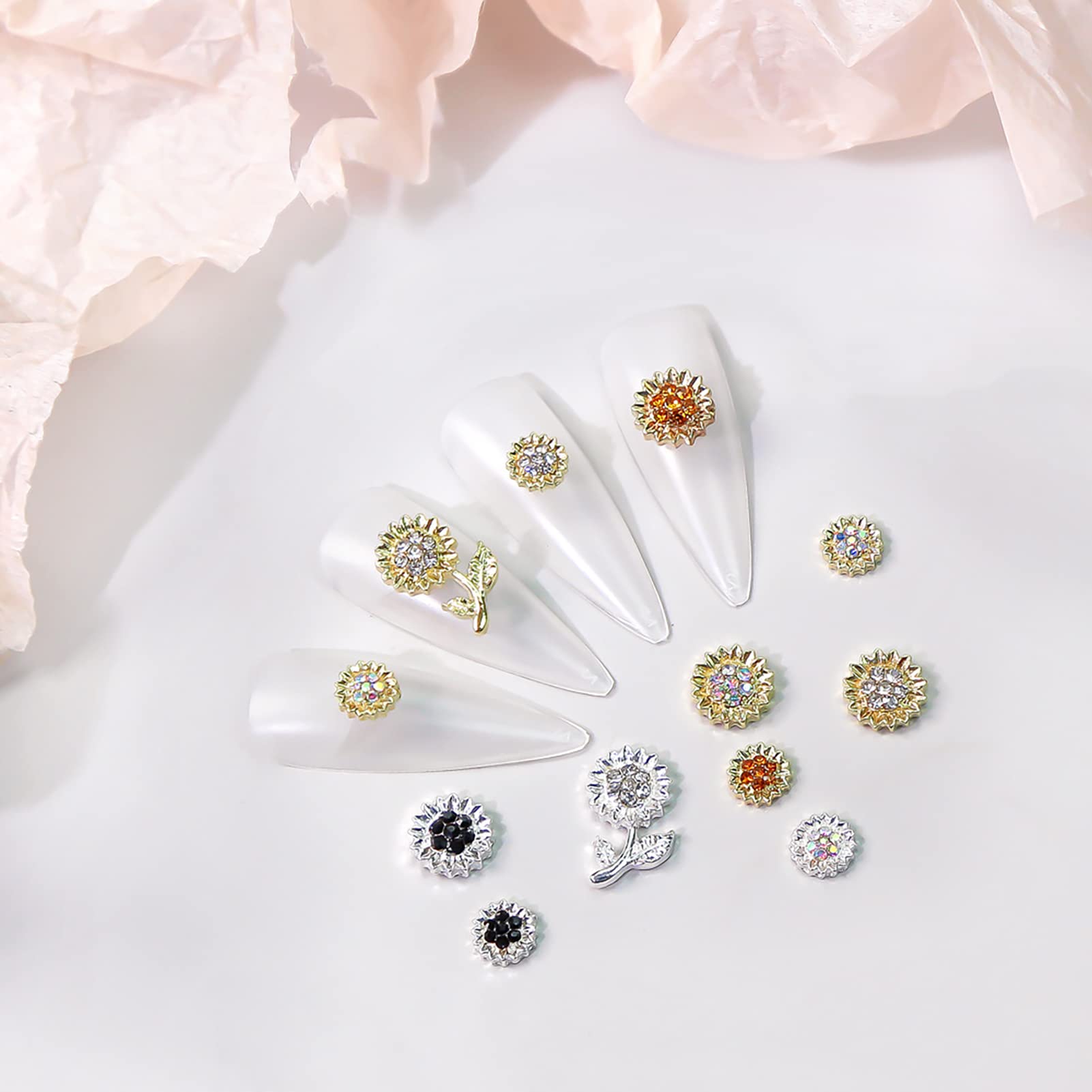 NICENEEDED 20Pcs Alloy Sunflower Nail Charms - 3D Gold & Silver Flower Nail Studs with Rhinestones, 10 Styles Metal Nail Art Decorations for Women & Girls DIY Manicure - Perfect for Nail Salon, Home Nail Design & Party Nail Art
