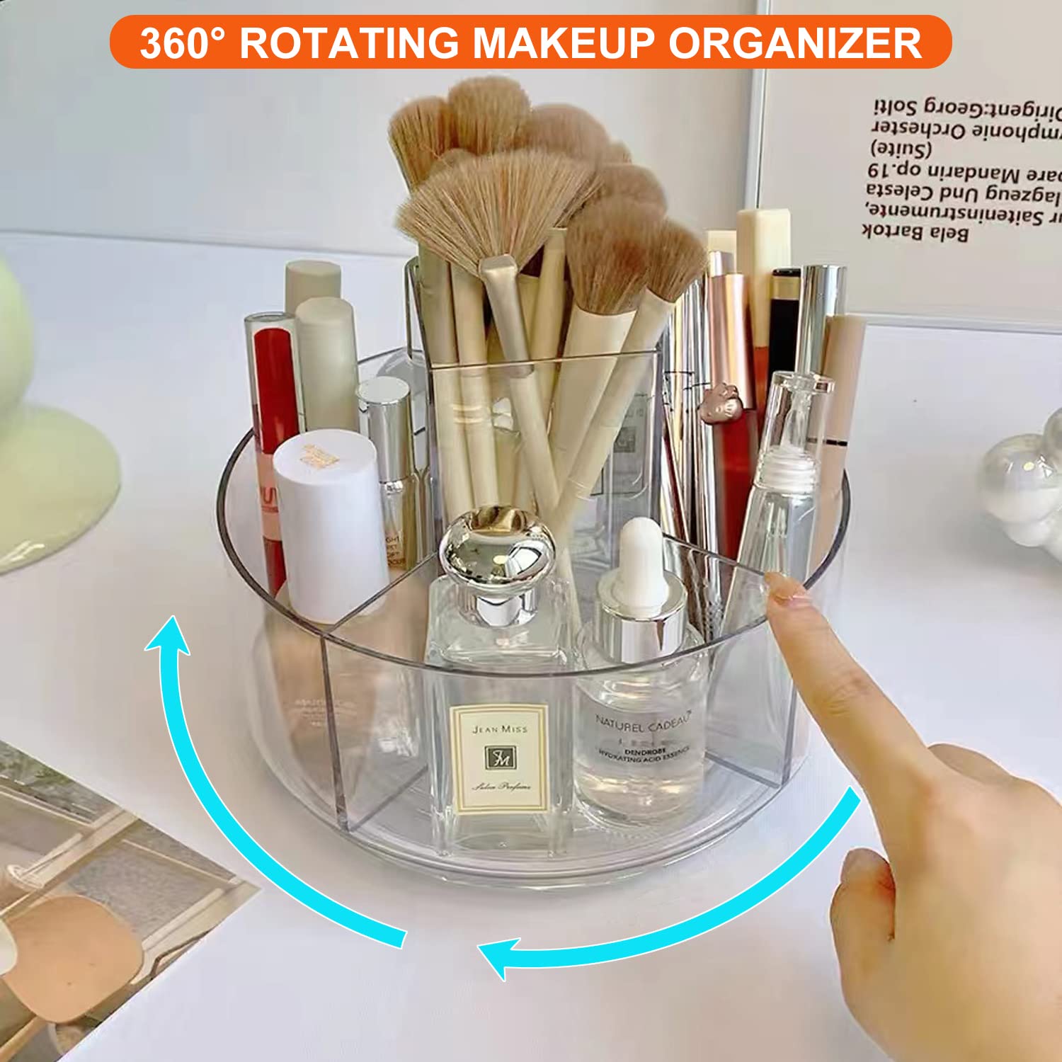 360° Rotating Makeup Organizer - Spinning Cosmetic Storage Tray with Lazy Susan Turntable | Clear Acrylic Makeup Brush Holder for Vanity, Lipstick, Perfume & Skincare | Perfect for Bathroom Counter, Dressing Table & Travel Organizer