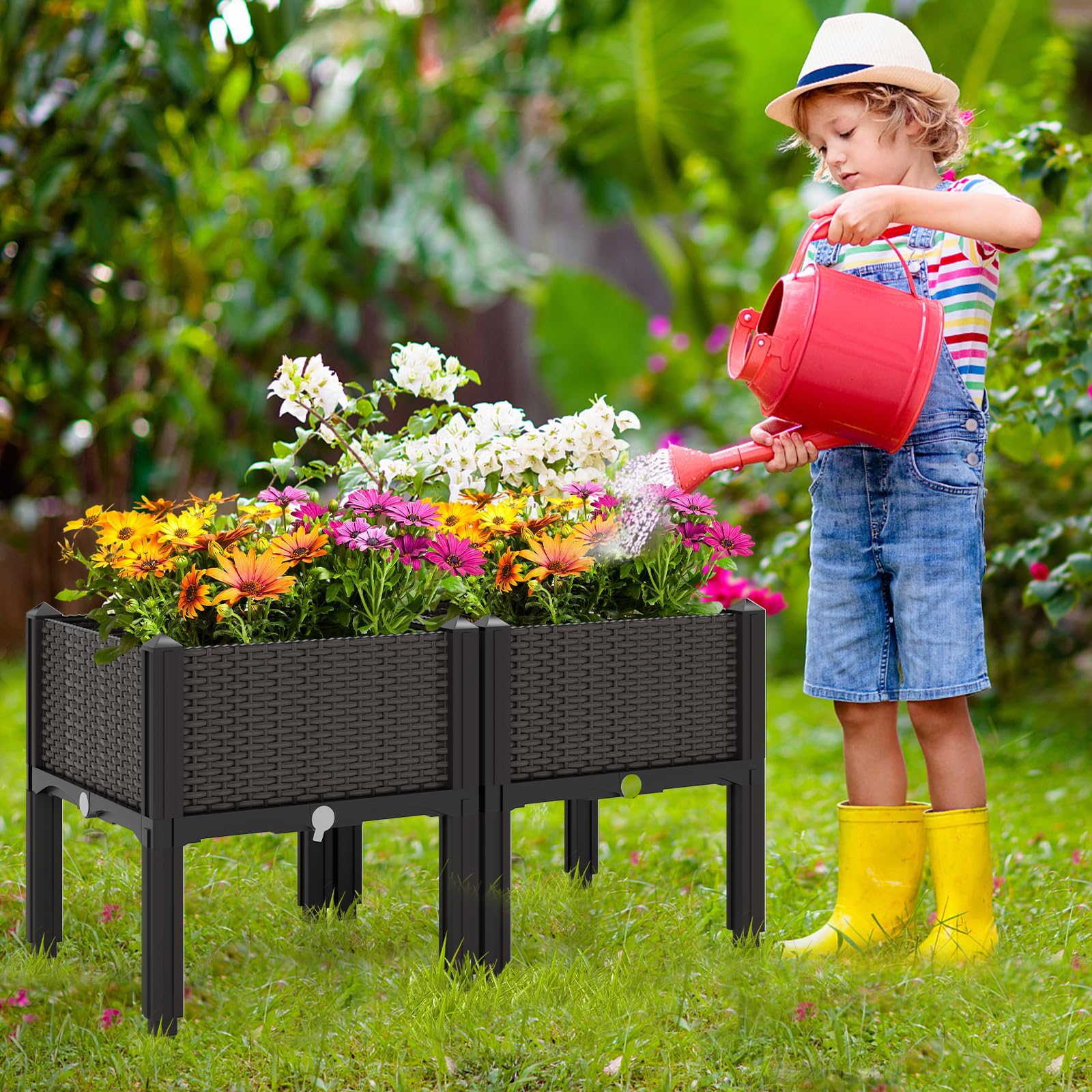 Giantex 4-Piece Raised Garden Bed Kit with 16 Legs, Elevated Planter Box with Self-Watering System & Drainage Holes - Indoor Outdoor Vegetable, Fruit, Flower & Herb Growing for Patio, Balcony & Backyard Gardening